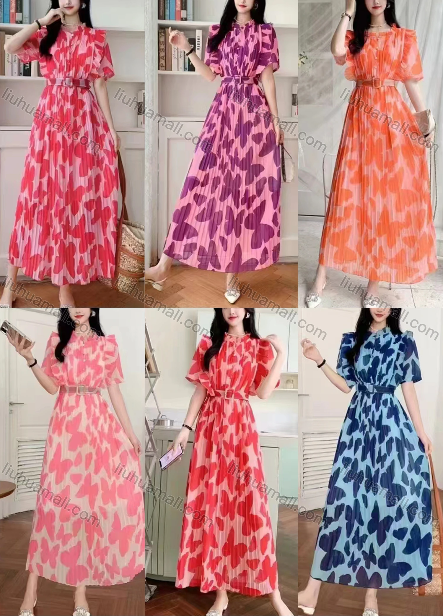 Wholesale Women's Elegant Casual Notched Neck Short Sleeve Belted Pleated Maxi Dress 2839# - Liuhuamall