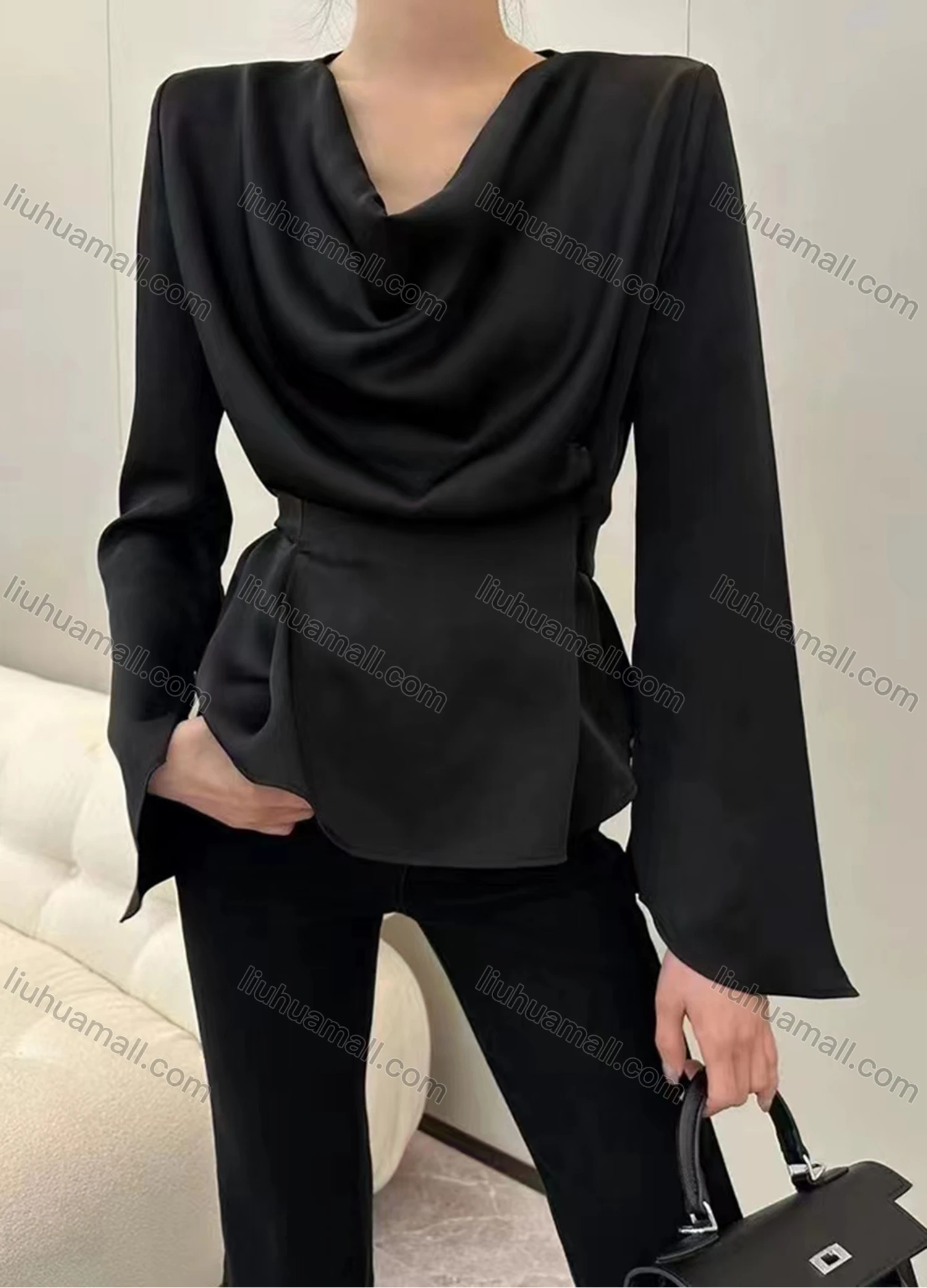 Wholesale Women's Fashion Cowl Neck Long Sleeve Peplum Ruffle Hem Blouse - Liuhuamall