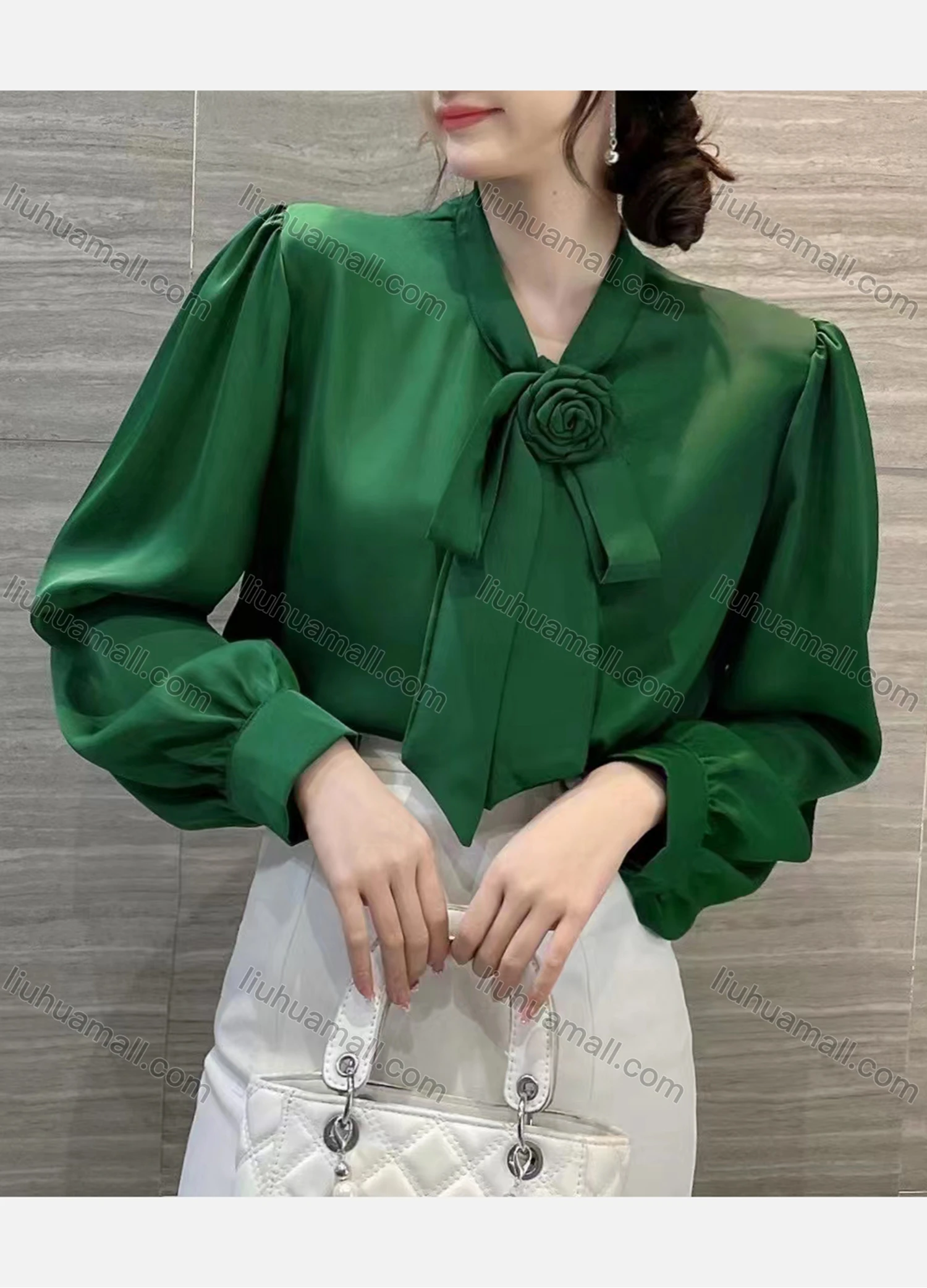 Wholesale Women's Casual Tie Neck Puff Sleeve Bow Knot 3D Floral French Shirt - Liuhuamall