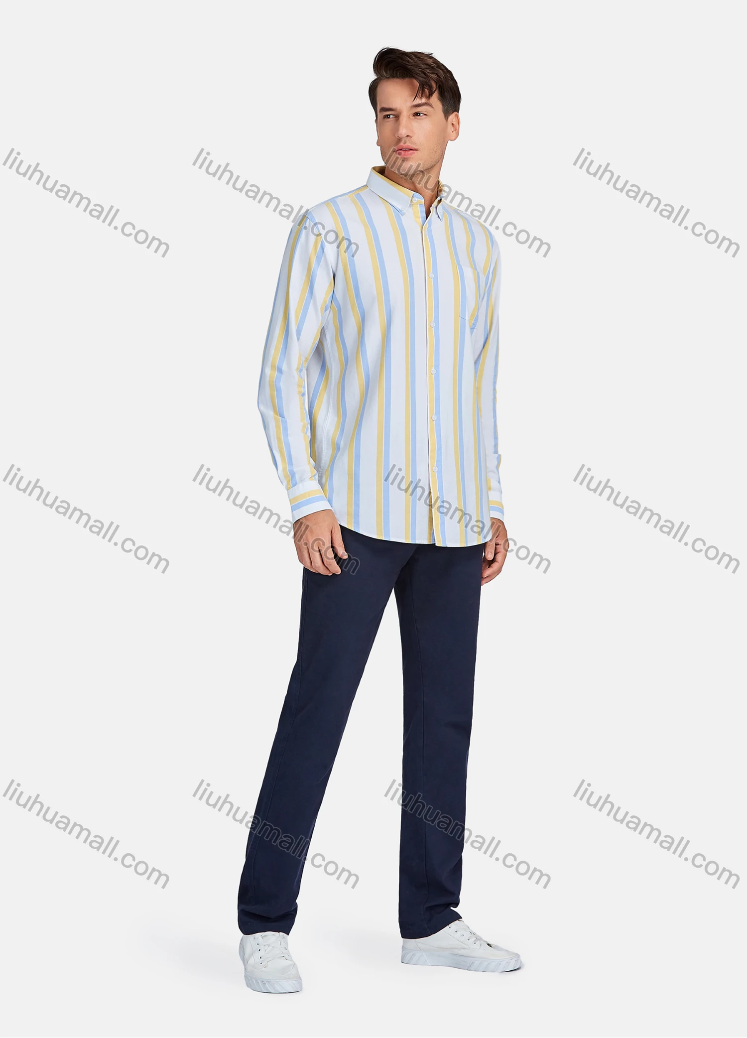 Wholesale Men's Casual Striped Patch Pocket Long Sleeve Shirt - Liuhuamall
