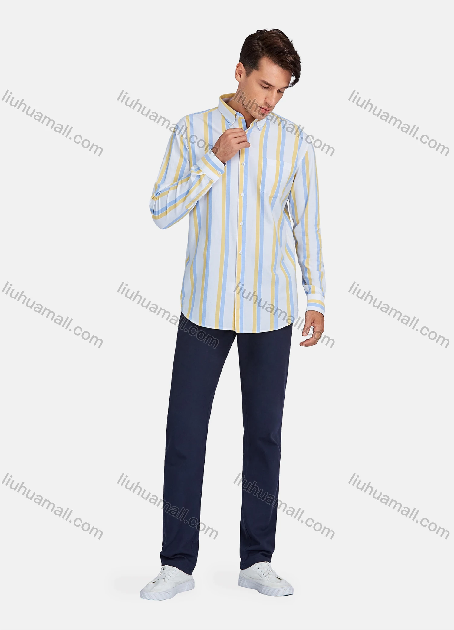 Wholesale Men's Casual Striped Patch Pocket Long Sleeve Shirt - Liuhuamall