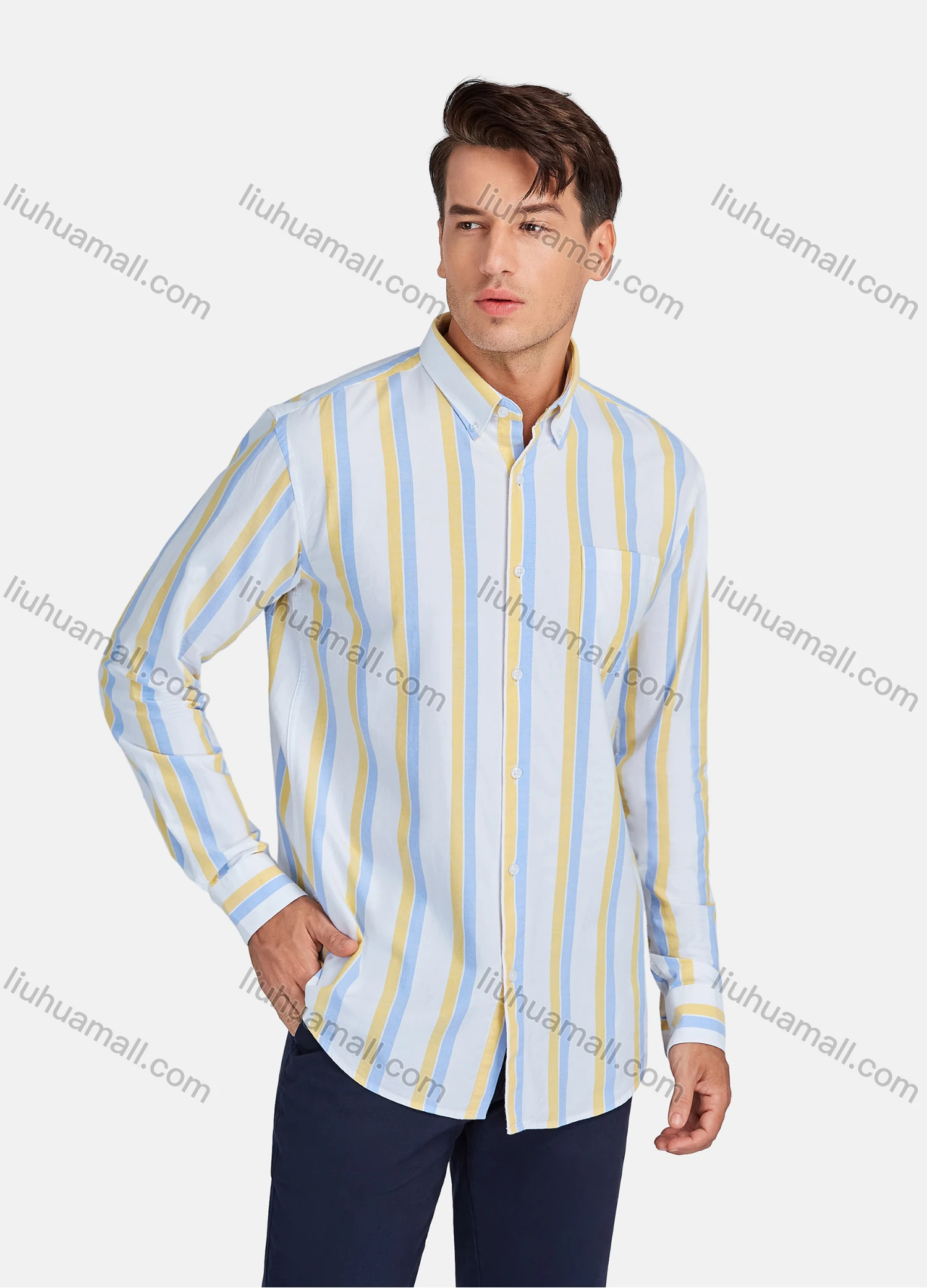 Wholesale Men's Casual Striped Patch Pocket Long Sleeve Shirt - Liuhuamall
