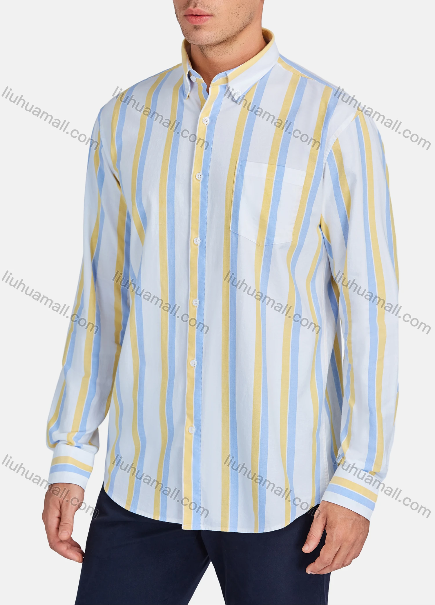 Wholesale Men's Casual Striped Patch Pocket Long Sleeve Shirt - Liuhuamall