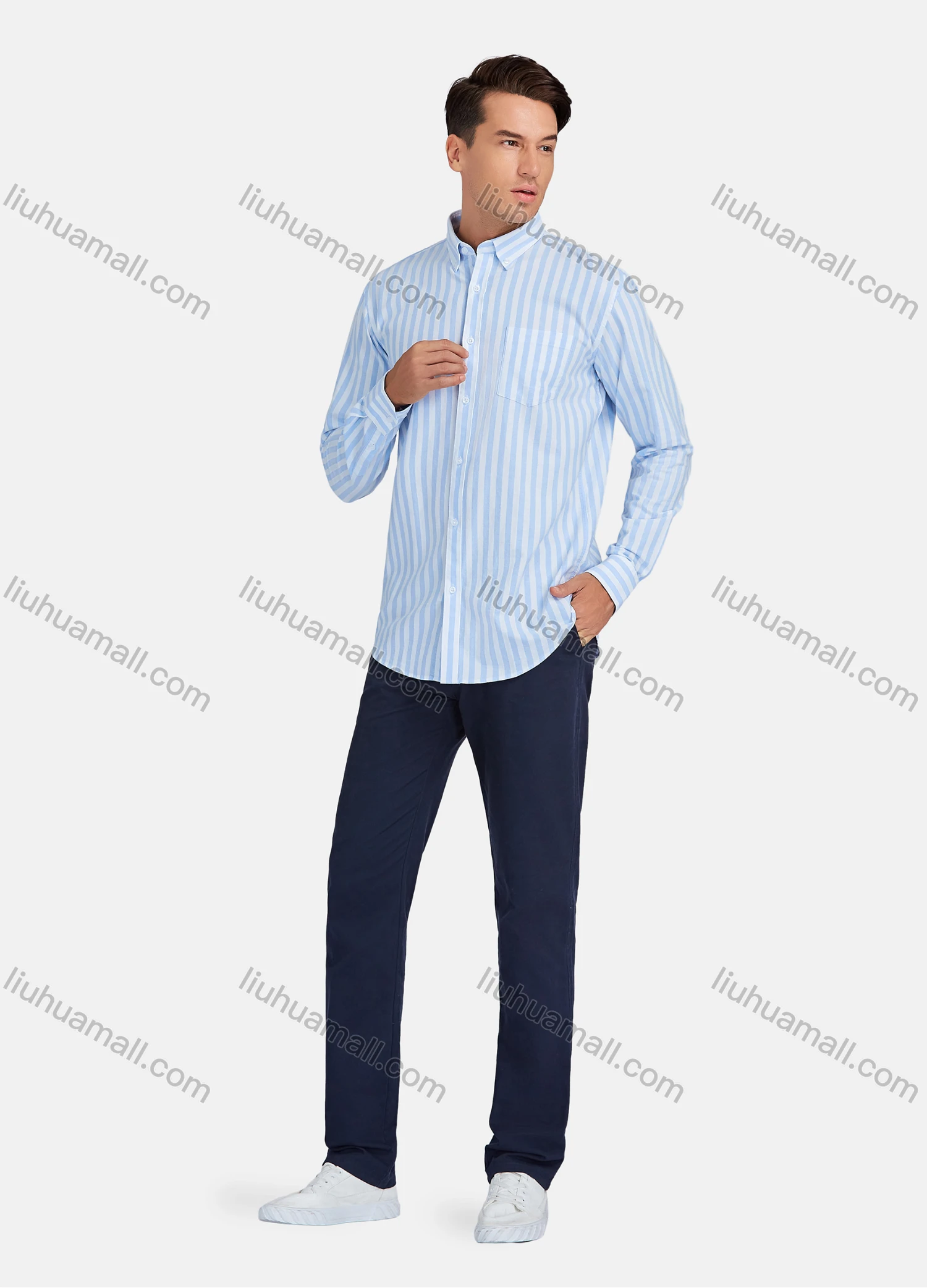 Wholesale Men's Casual Striped Patch Pocket Long Sleeve Shirt - Liuhuamall