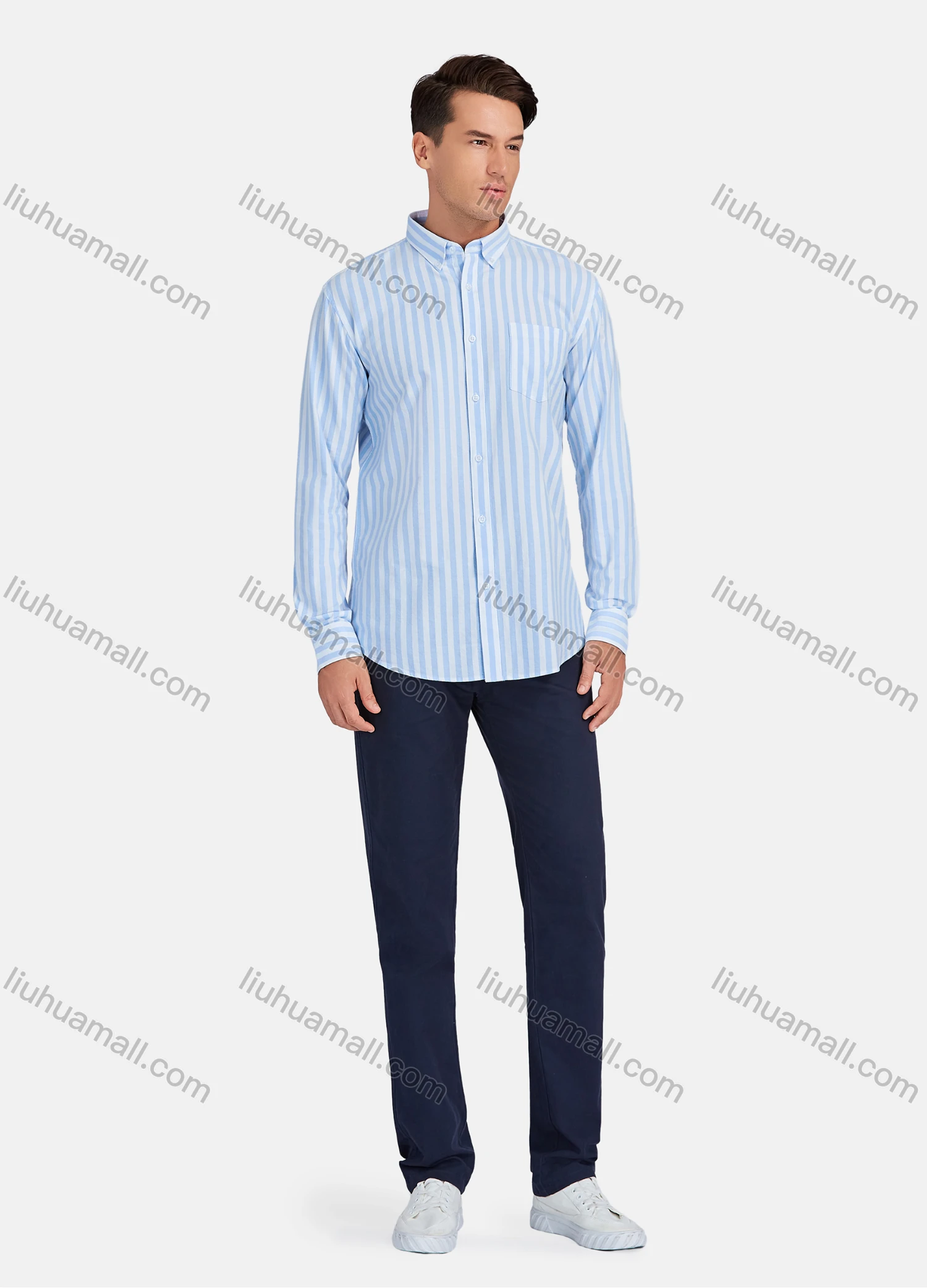 Wholesale Men's Casual Striped Patch Pocket Long Sleeve Shirt - Liuhuamall