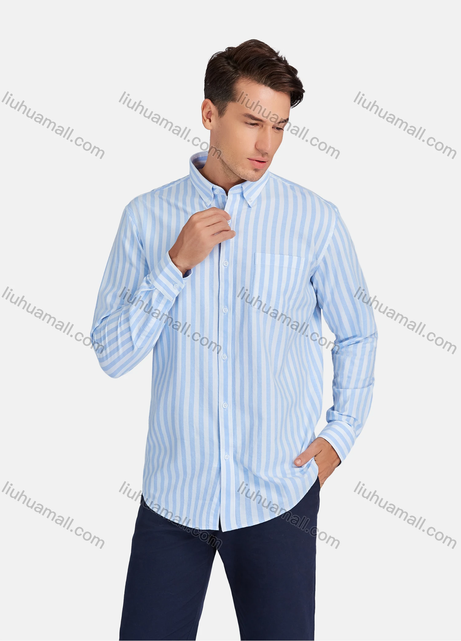 Wholesale Men's Casual Striped Patch Pocket Long Sleeve Shirt - Liuhuamall