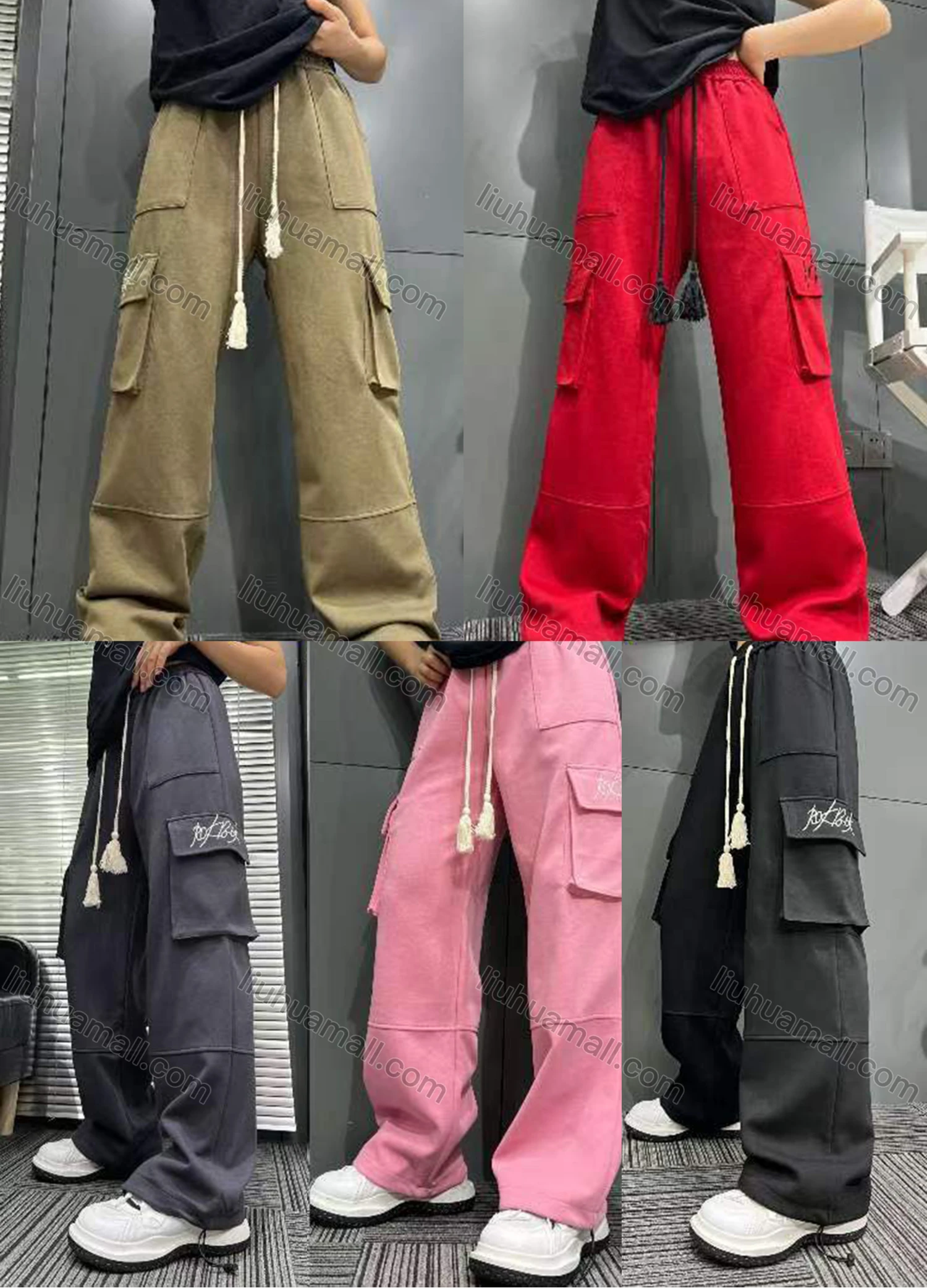 Wholesale Women's Casual Loose Fit Wide Leg Drawstring Cargo Pants 2858# - Liuhuamall