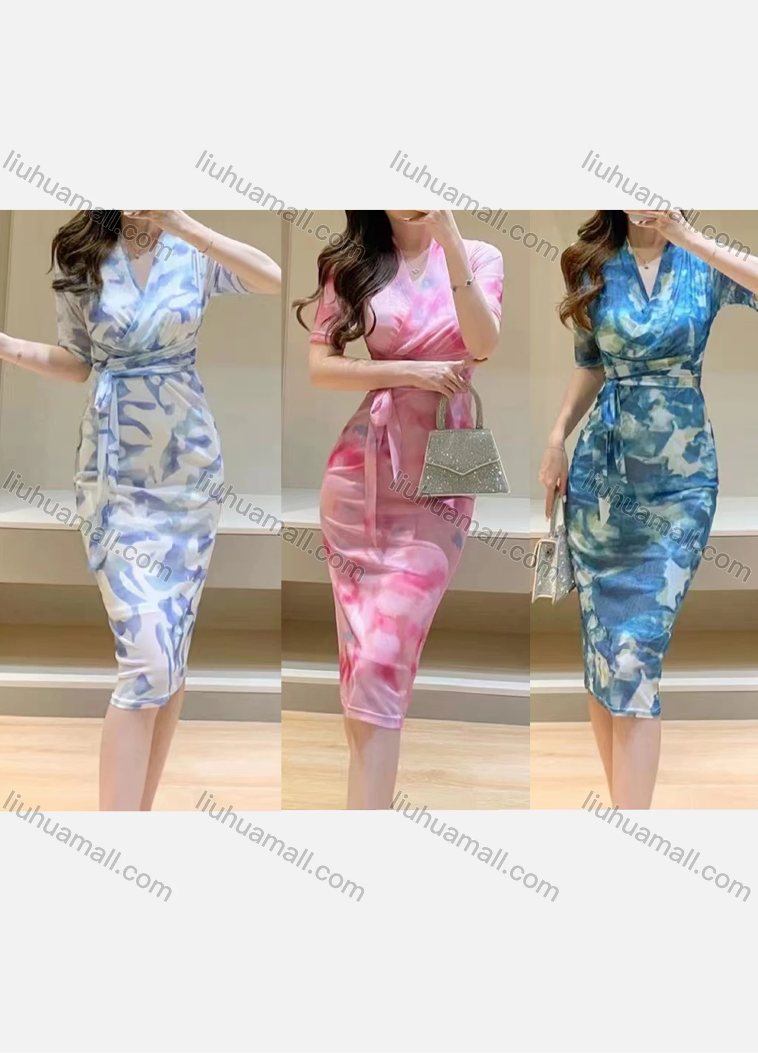 Wholesale Women's Glamorous V Neck Short Sleeve Lace Up Wrap Ruched Dress 6938# - Liuhuamall
