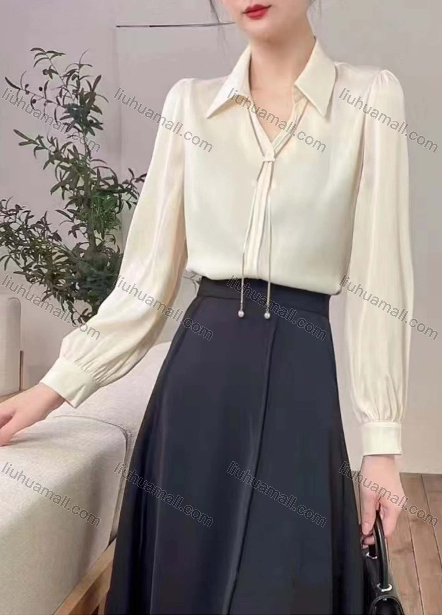 Wholesale Women's Casual Collared Neck Puff Sleeve Plain Satin French Shirt - Liuhuamall