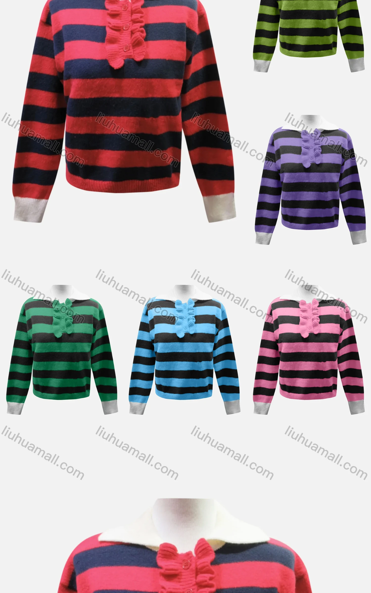 Wholesale Women's Casual Collared Long Sleeve Striped Knit Sweater 60855# - Liuhuamall