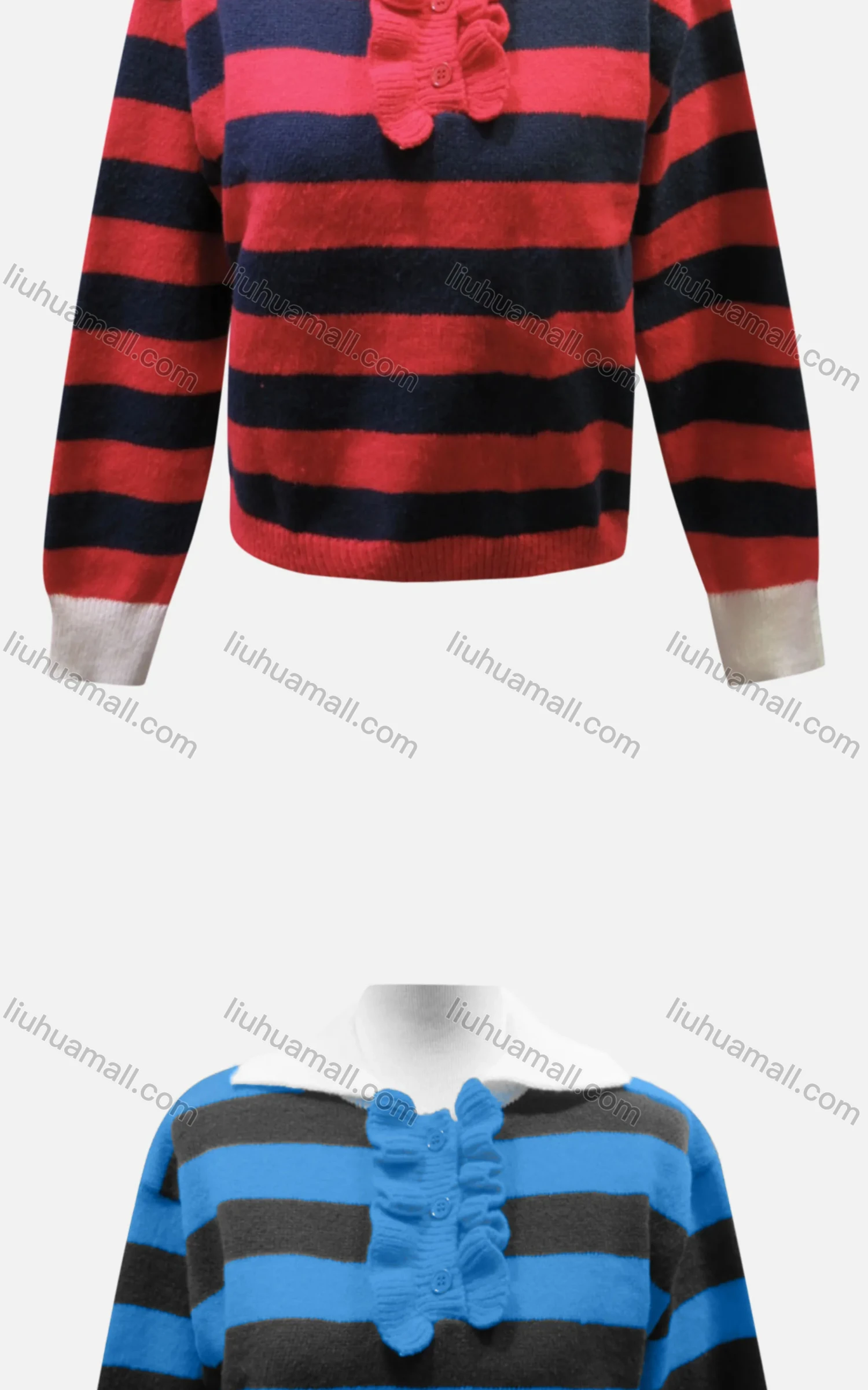 Wholesale Women's Casual Collared Long Sleeve Striped Knit Sweater 60855# - Liuhuamall