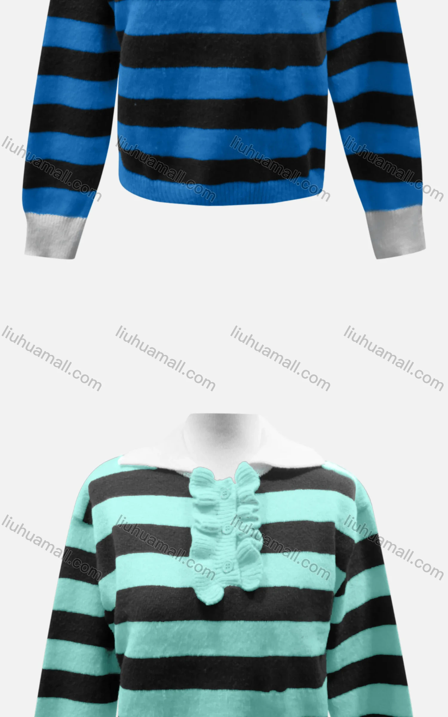 Wholesale Women's Casual Collared Long Sleeve Striped Knit Sweater 60855# - Liuhuamall