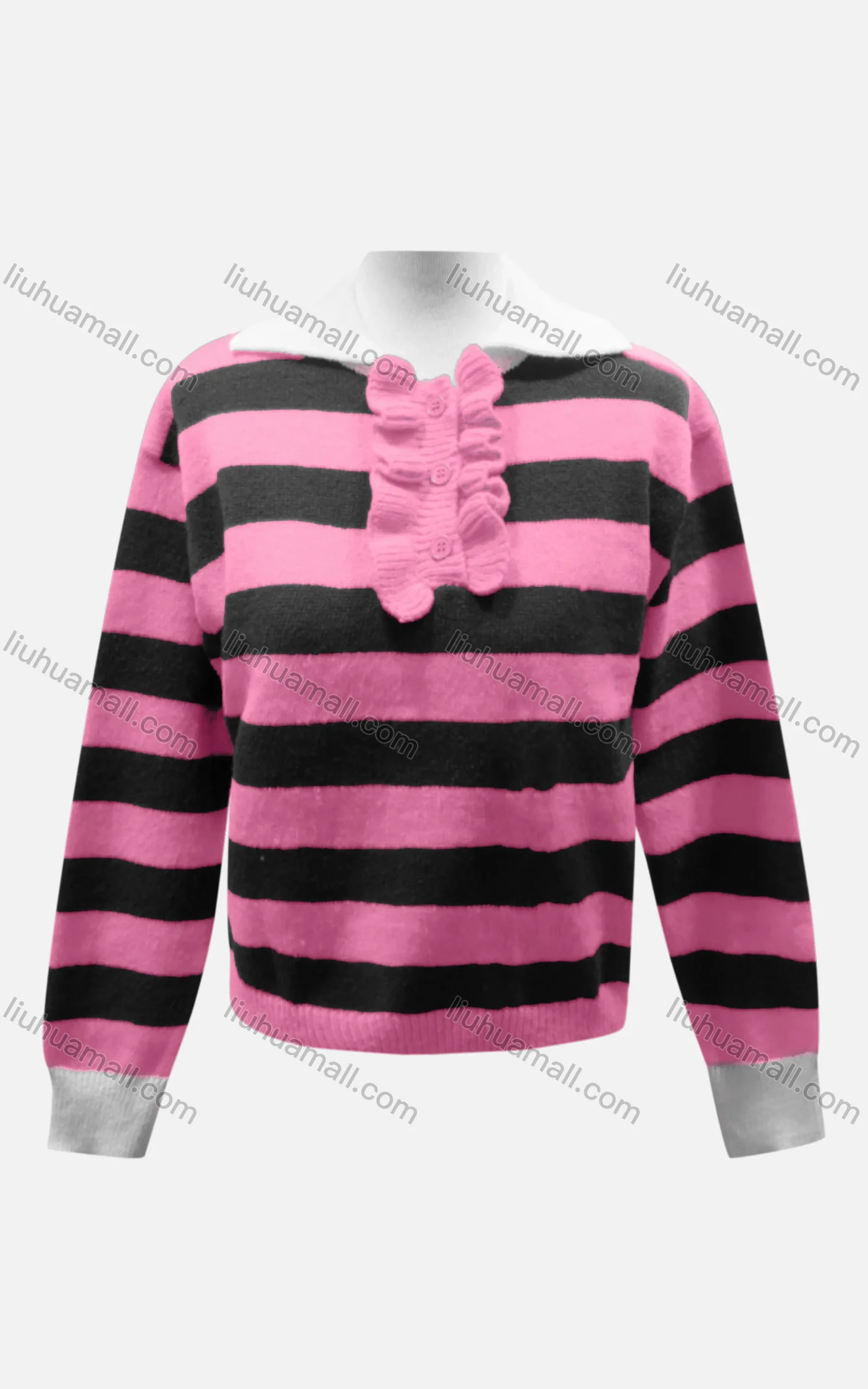 Wholesale Women's Casual Collared Long Sleeve Striped Knit Sweater 60855# - Liuhuamall