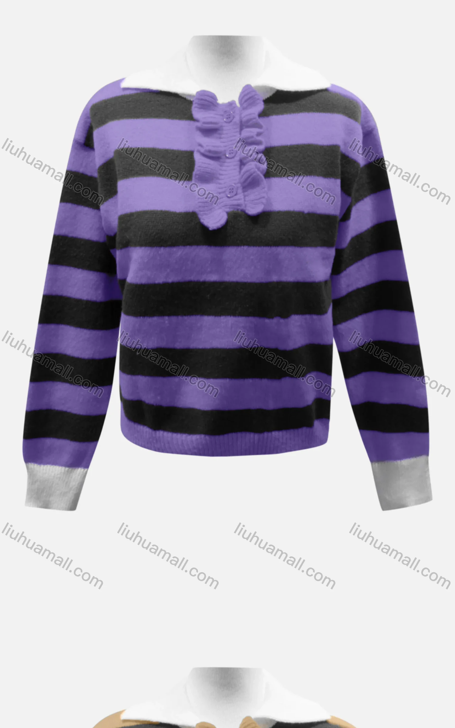 Wholesale Women's Casual Collared Long Sleeve Striped Knit Sweater 60855# - Liuhuamall