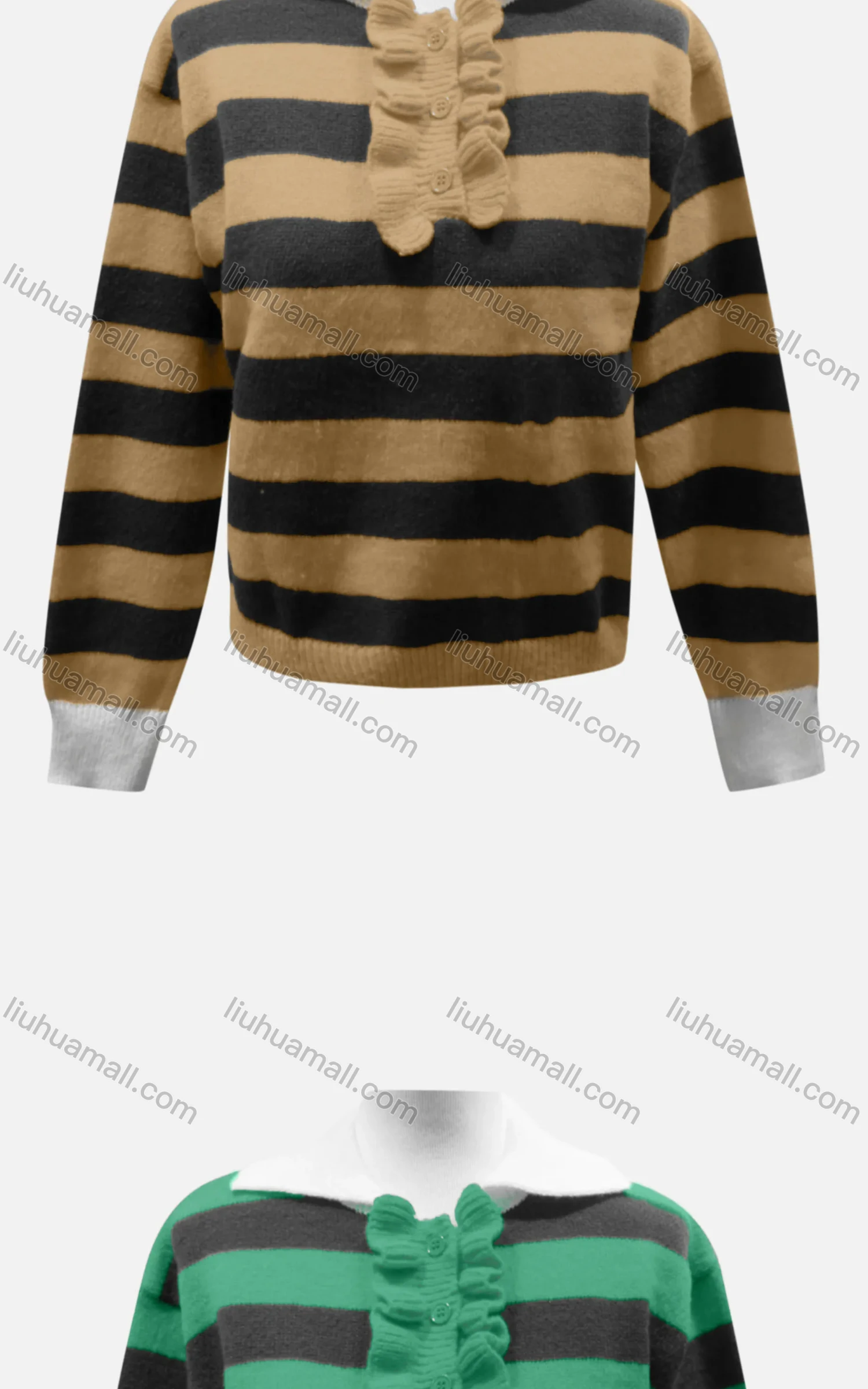 Wholesale Women's Casual Collared Long Sleeve Striped Knit Sweater 60855# - Liuhuamall