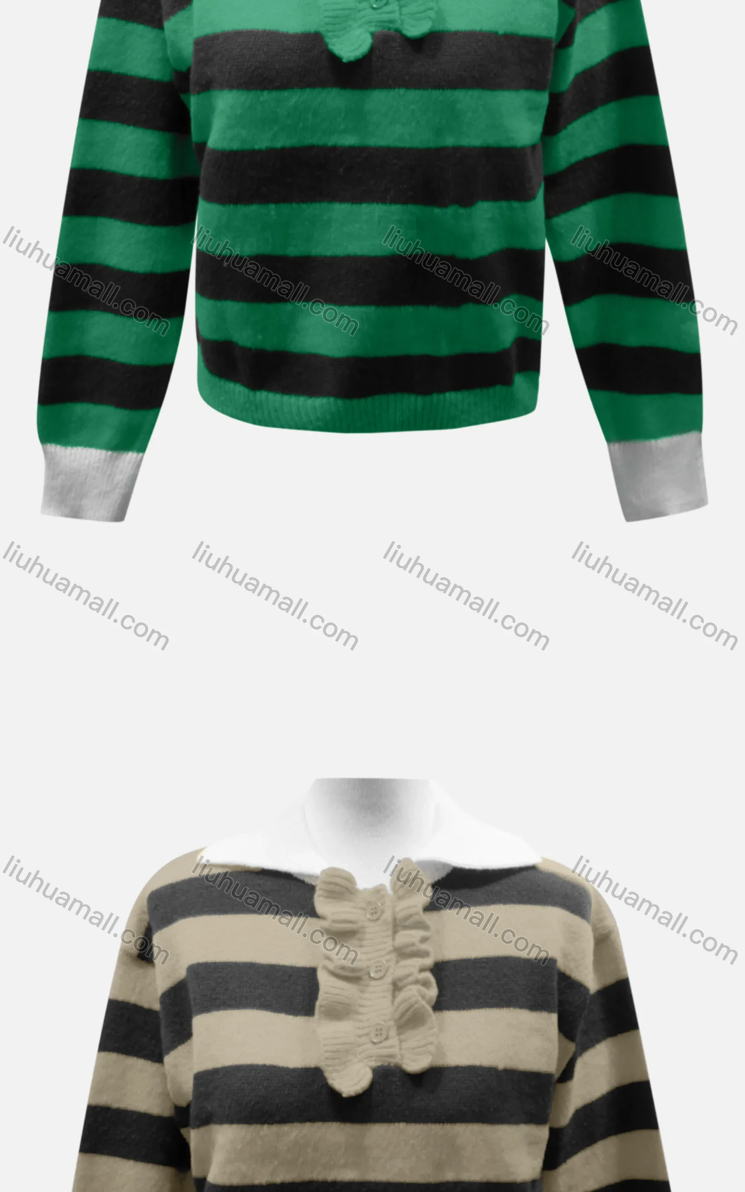 Wholesale Women's Casual Collared Long Sleeve Striped Knit Sweater 60855# - Liuhuamall