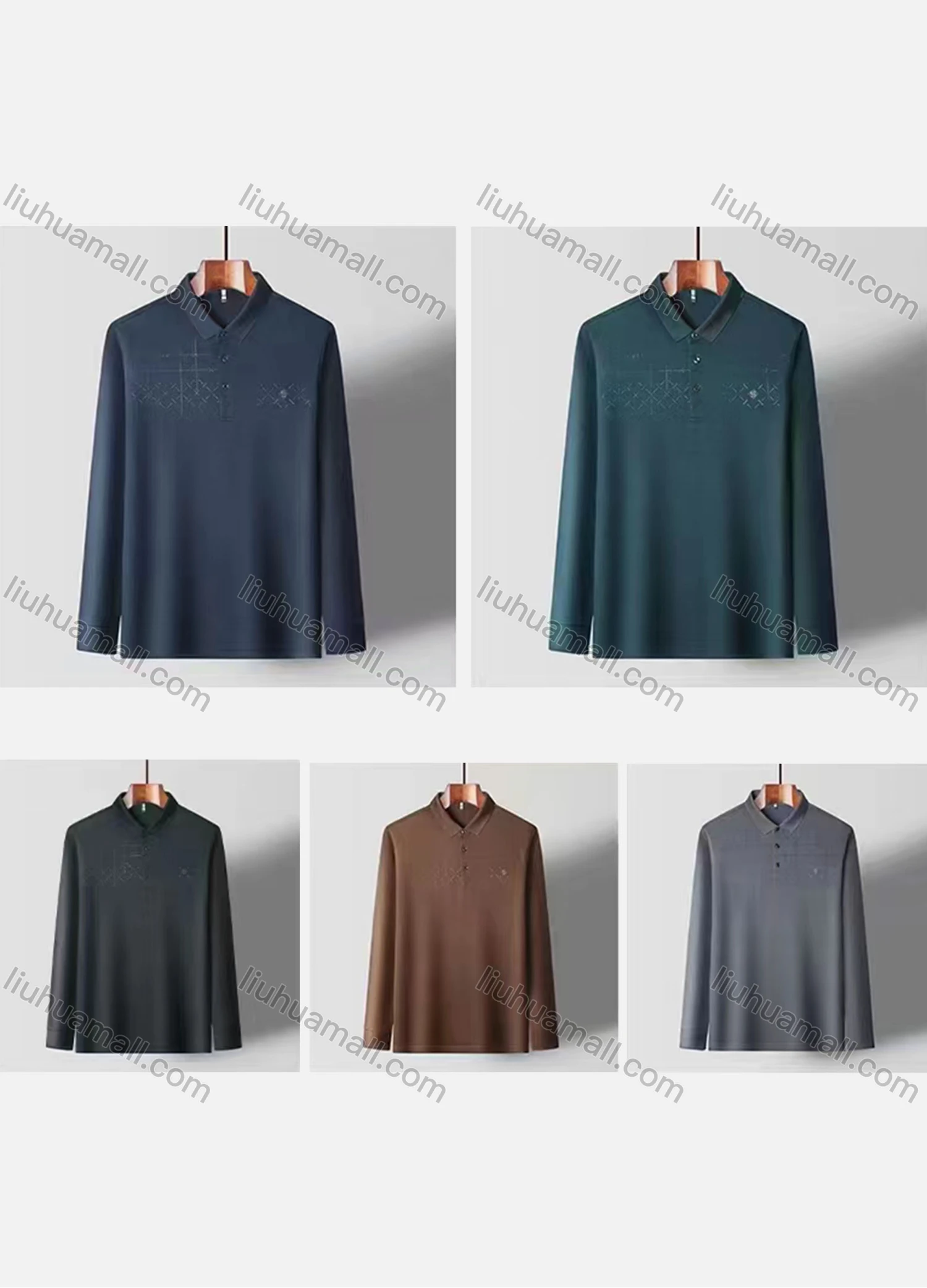 Wholesale Men's Casual Plain Long Sleeve Polo Shirt - Liuhuamall