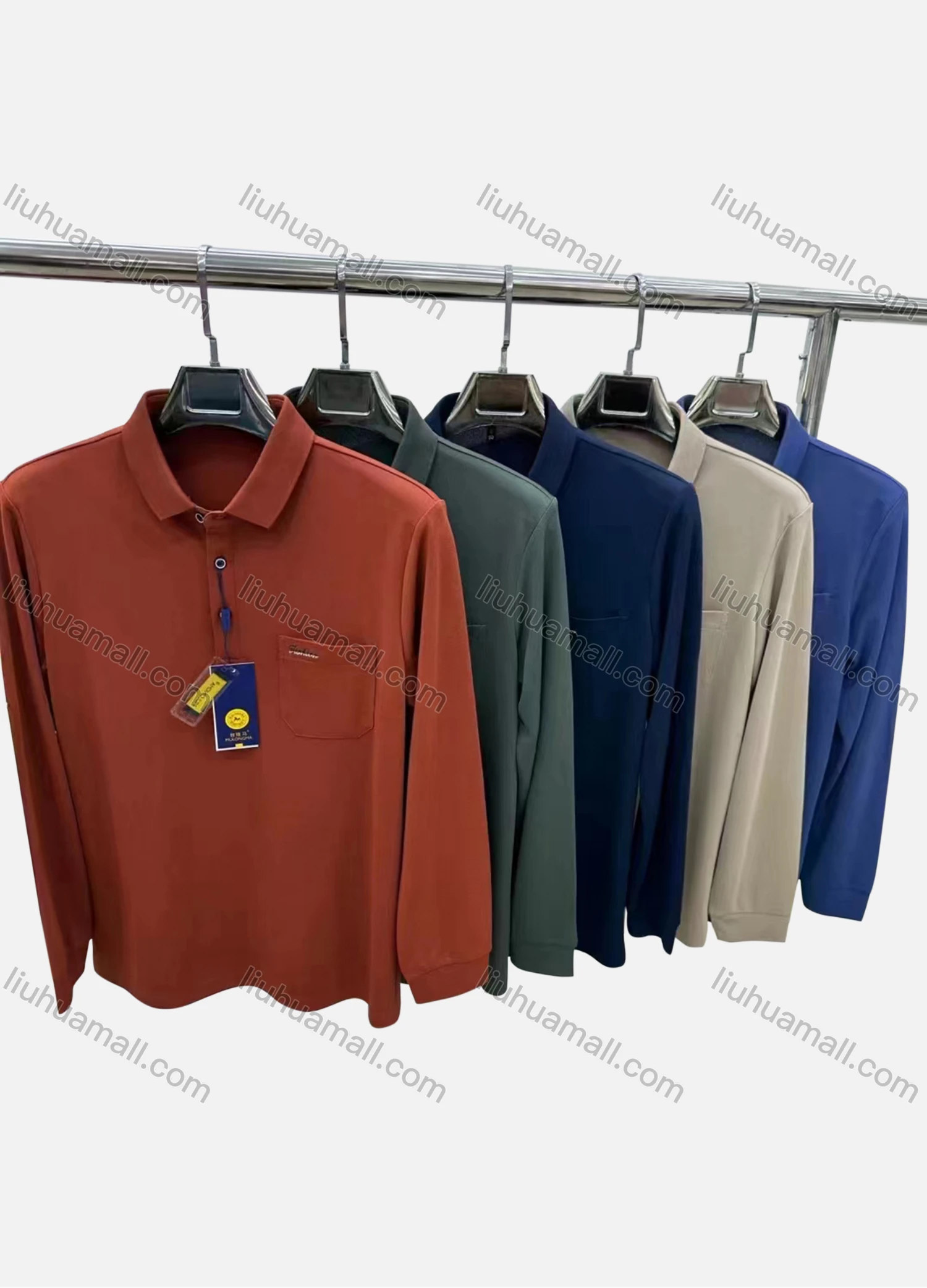 Wholesale Men's Casual Plain Patch Pocket Long Sleeve Polo Shirt 2381# - Liuhuamall