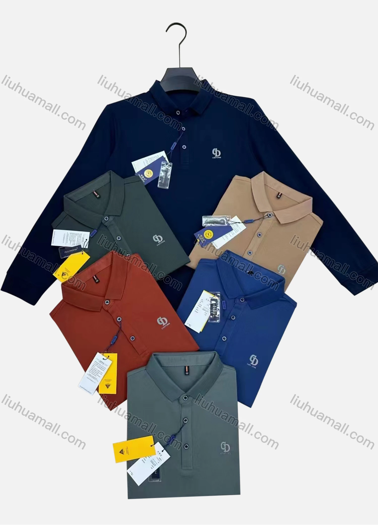 Wholesale Men's Casual Plain Logo Long Sleeve Polo Shirt M2385# - Liuhuamall