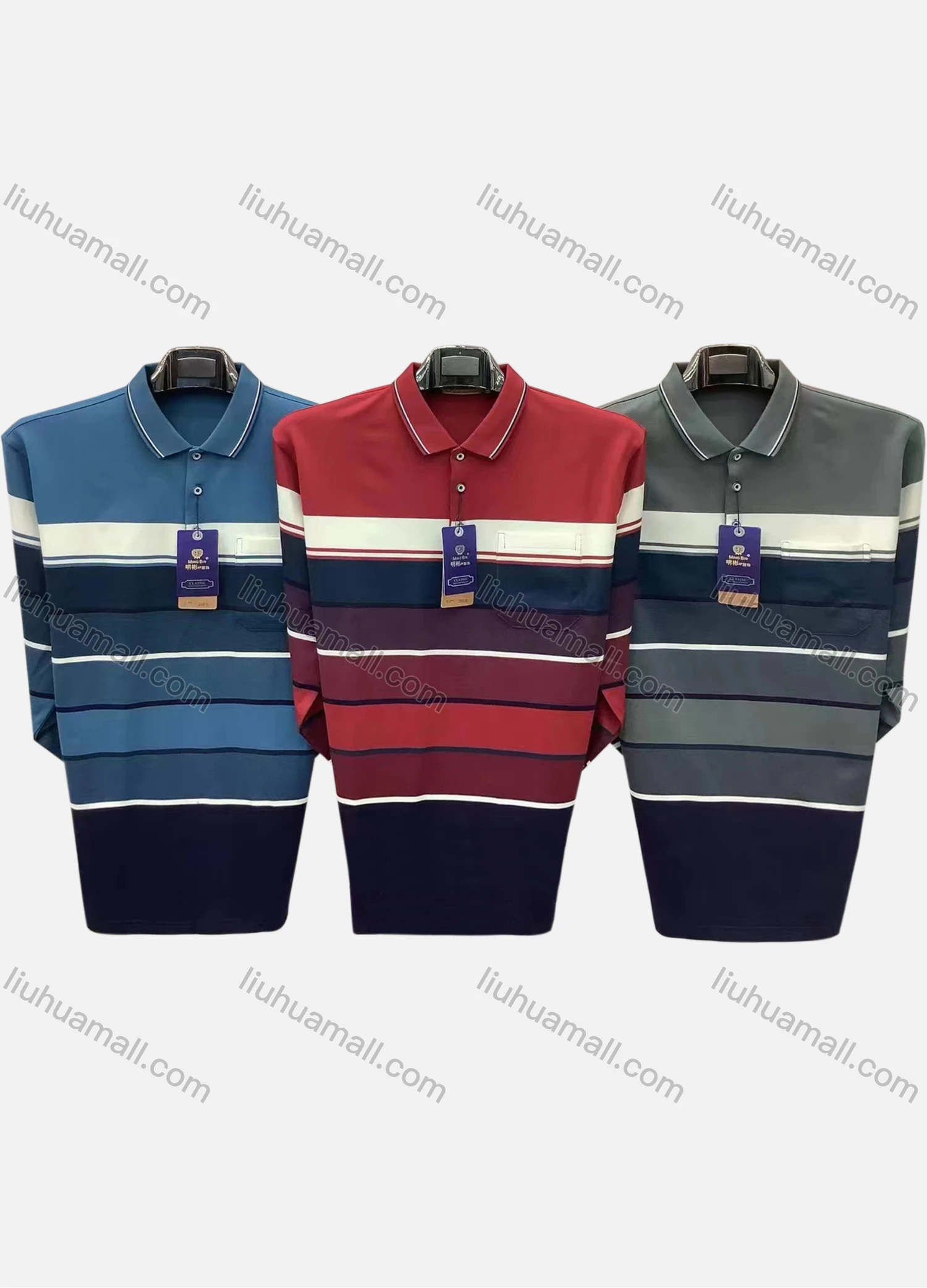 Wholesale Men's Casual Striped Colorblock Patch Pocket Long Sleeve Polo Shirt 5322# - Liuhuamall