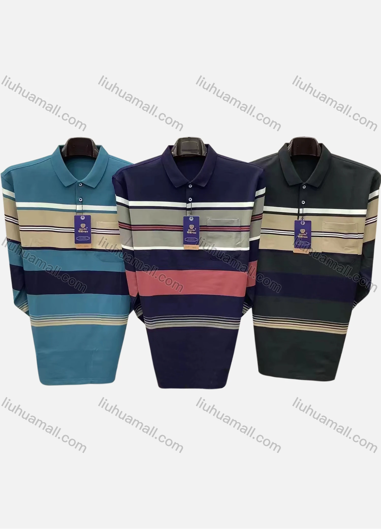 Wholesale Men's Casual Striped Colorblock Patch Pocket Long Sleeve Polo Shirt 5323# - Liuhuamall