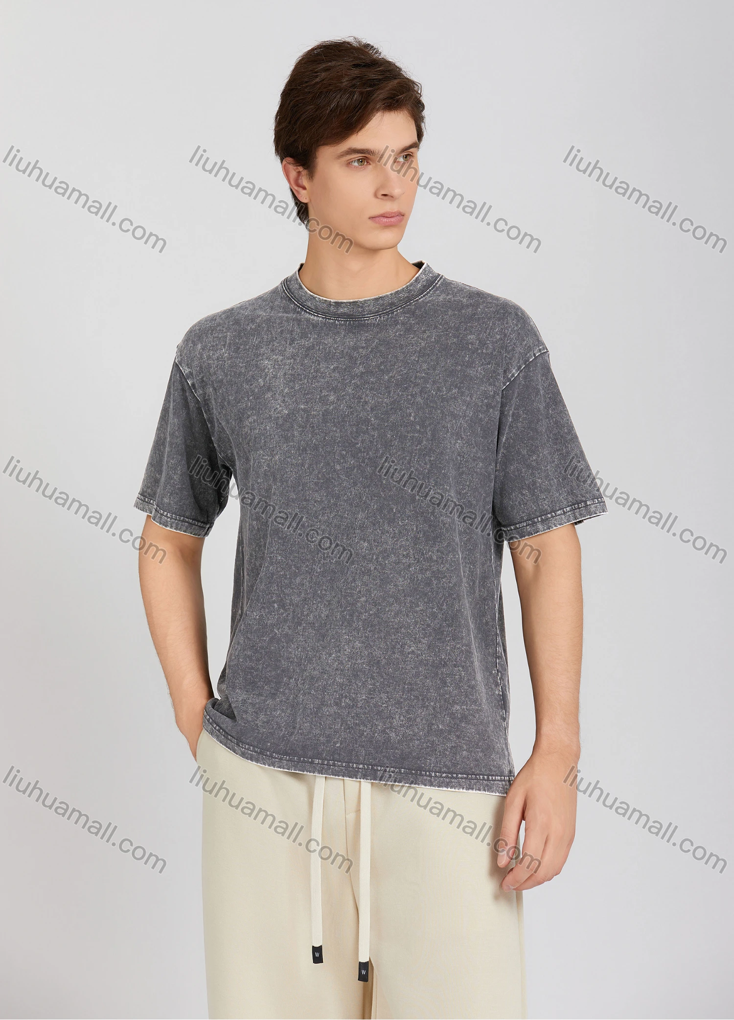 Wholesale Men's Fashion Plain Crew Neck Short Sleeve Wash Distressed T-shirt X002# - Liuhuamall