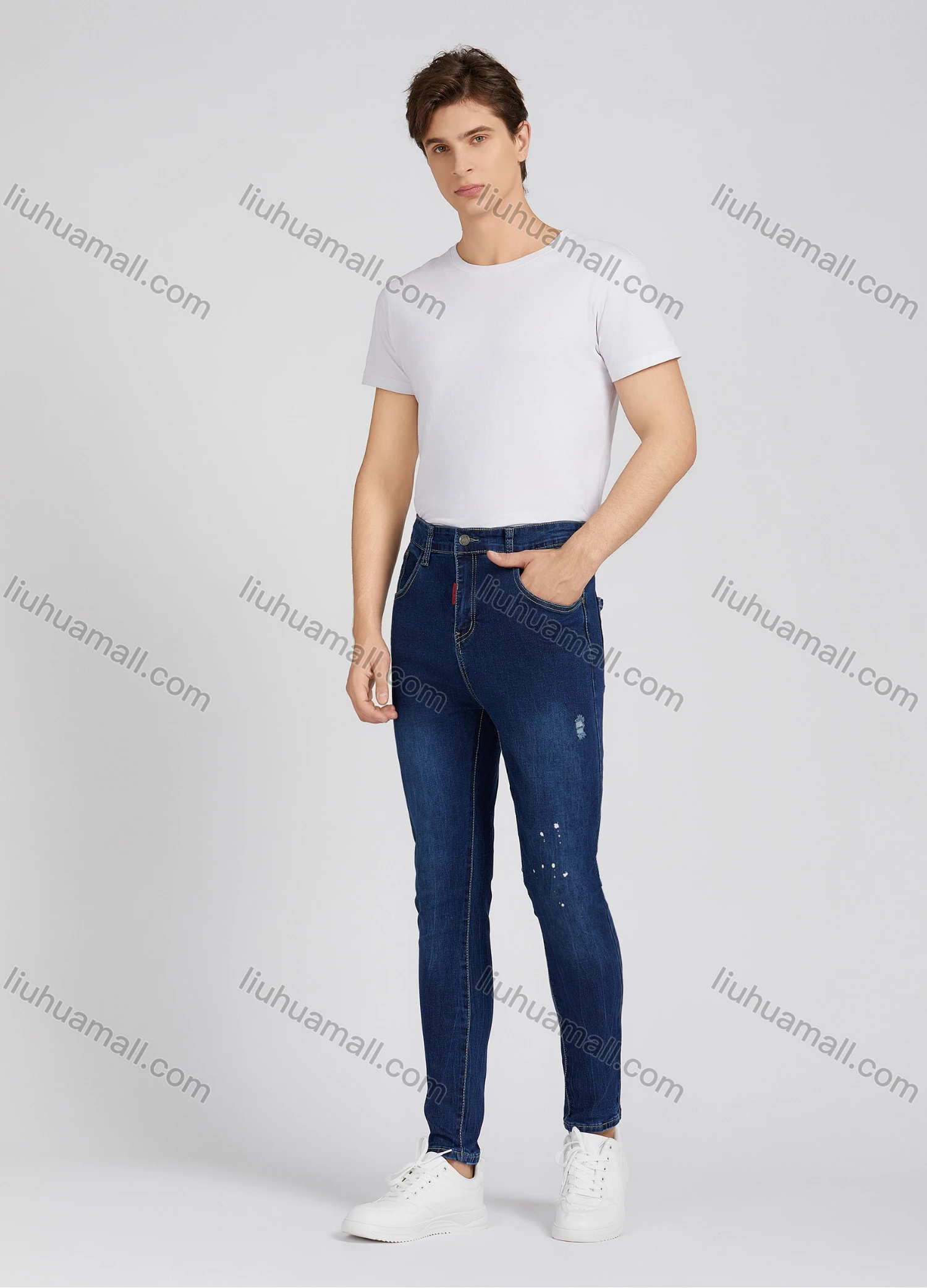 Wholesale Men's Fashion Casual Ink Splash Ripped Wash Jeans DN002# - Liuhuamall