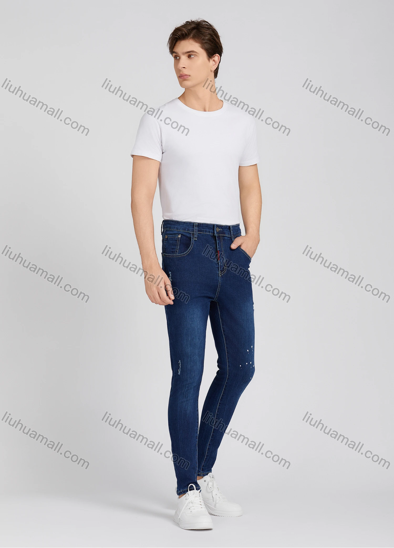 Wholesale Men's Fashion Casual Ink Splash Ripped Wash Jeans DN002# - Liuhuamall