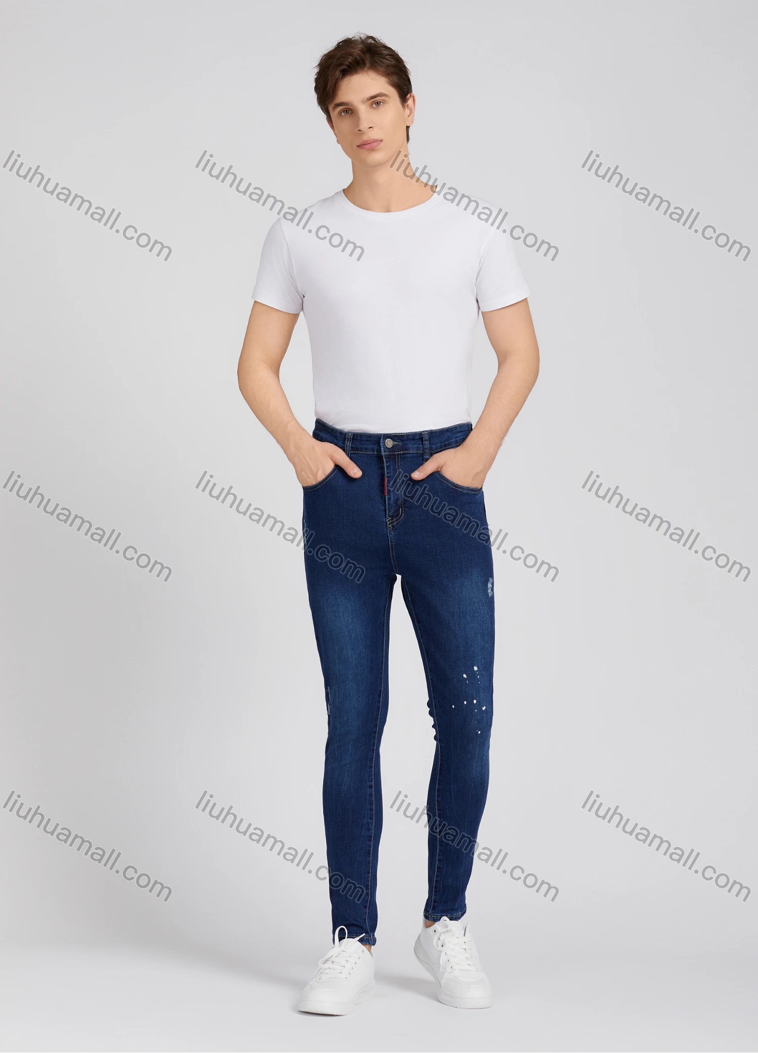 Wholesale Men's Fashion Casual Ink Splash Ripped Wash Jeans DN002# - Liuhuamall