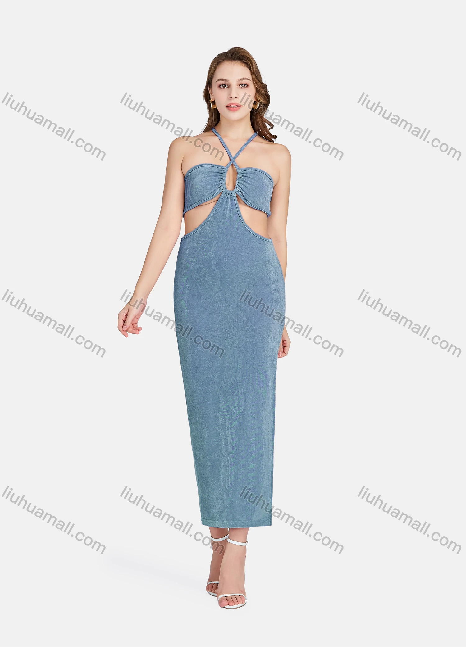 Wholesale Women's Sexy Halter Neck Sleeveless Cut Out Backless Split Side Club Dress 701# - Liuhuamall