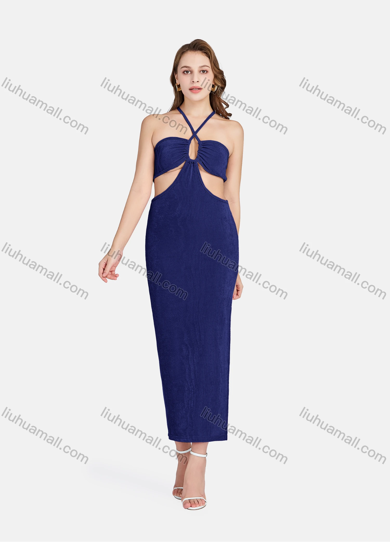 Wholesale Women's Sexy Halter Neck Sleeveless Cut Out Backless Split Side Club Dress 701# - Liuhuamall
