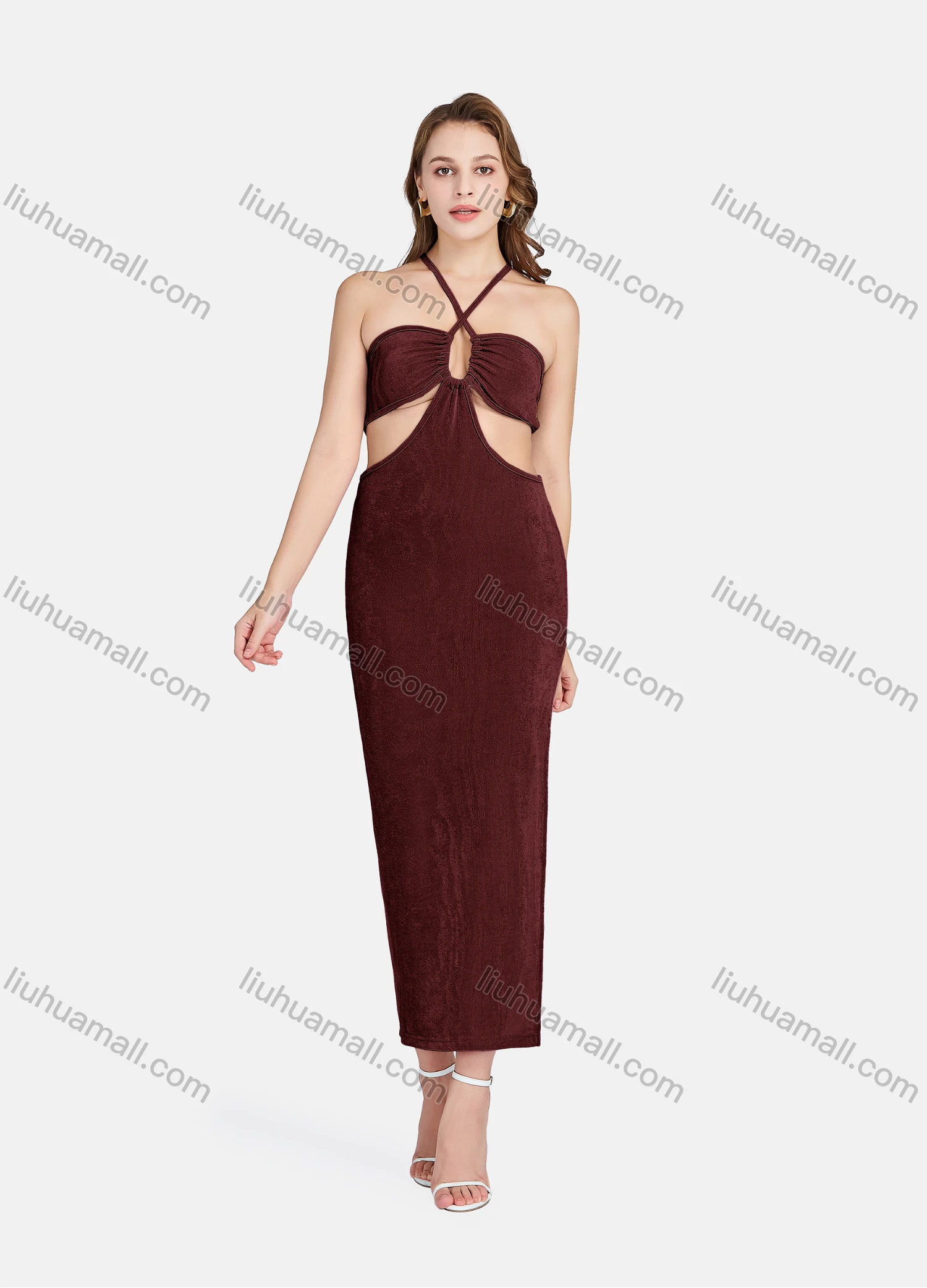 Wholesale Women's Sexy Halter Neck Sleeveless Cut Out Backless Split Side Club Dress 701# - Liuhuamall
