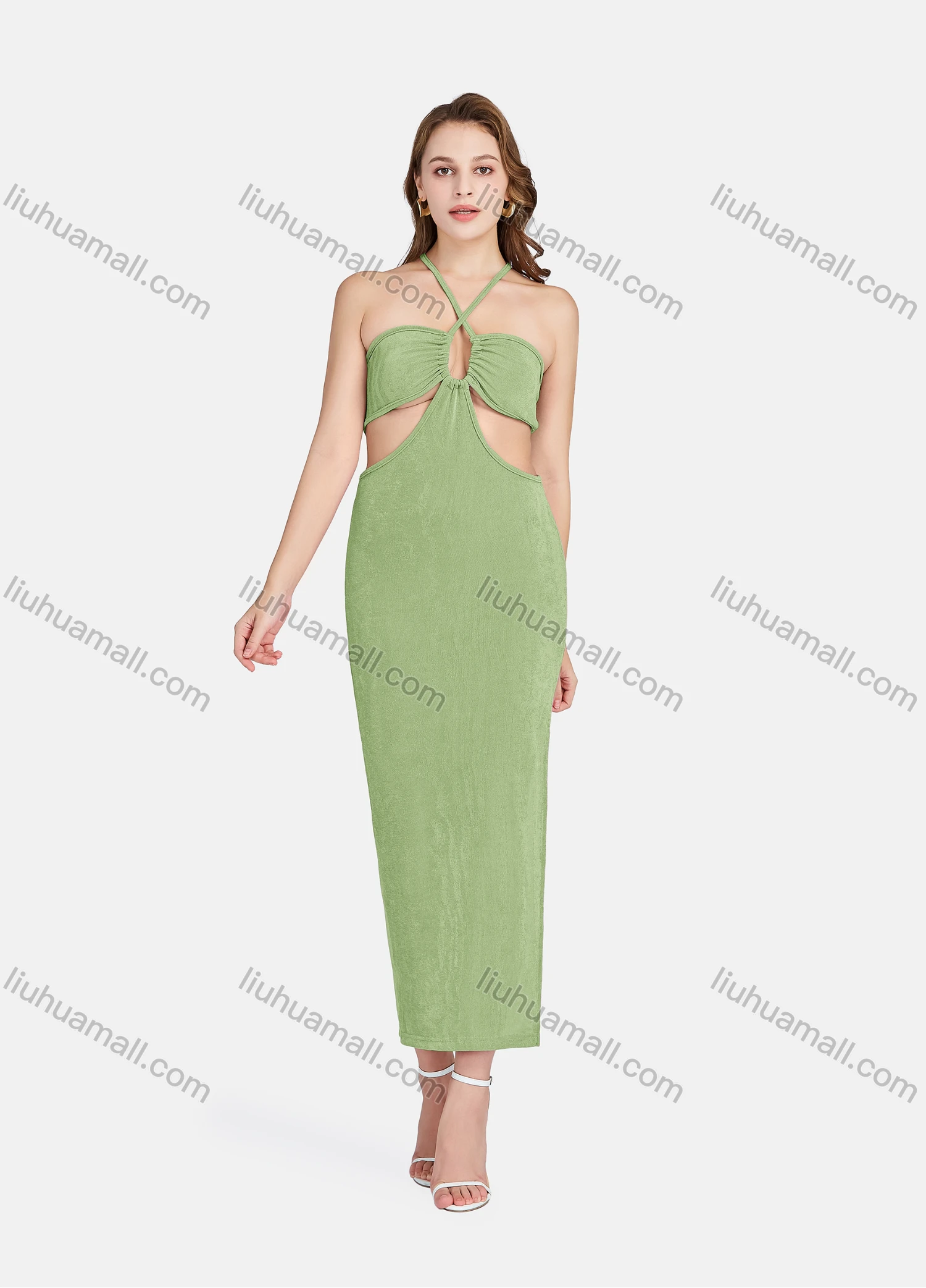 Wholesale Women's Sexy Halter Neck Sleeveless Cut Out Backless Split Side Club Dress 701# - Liuhuamall