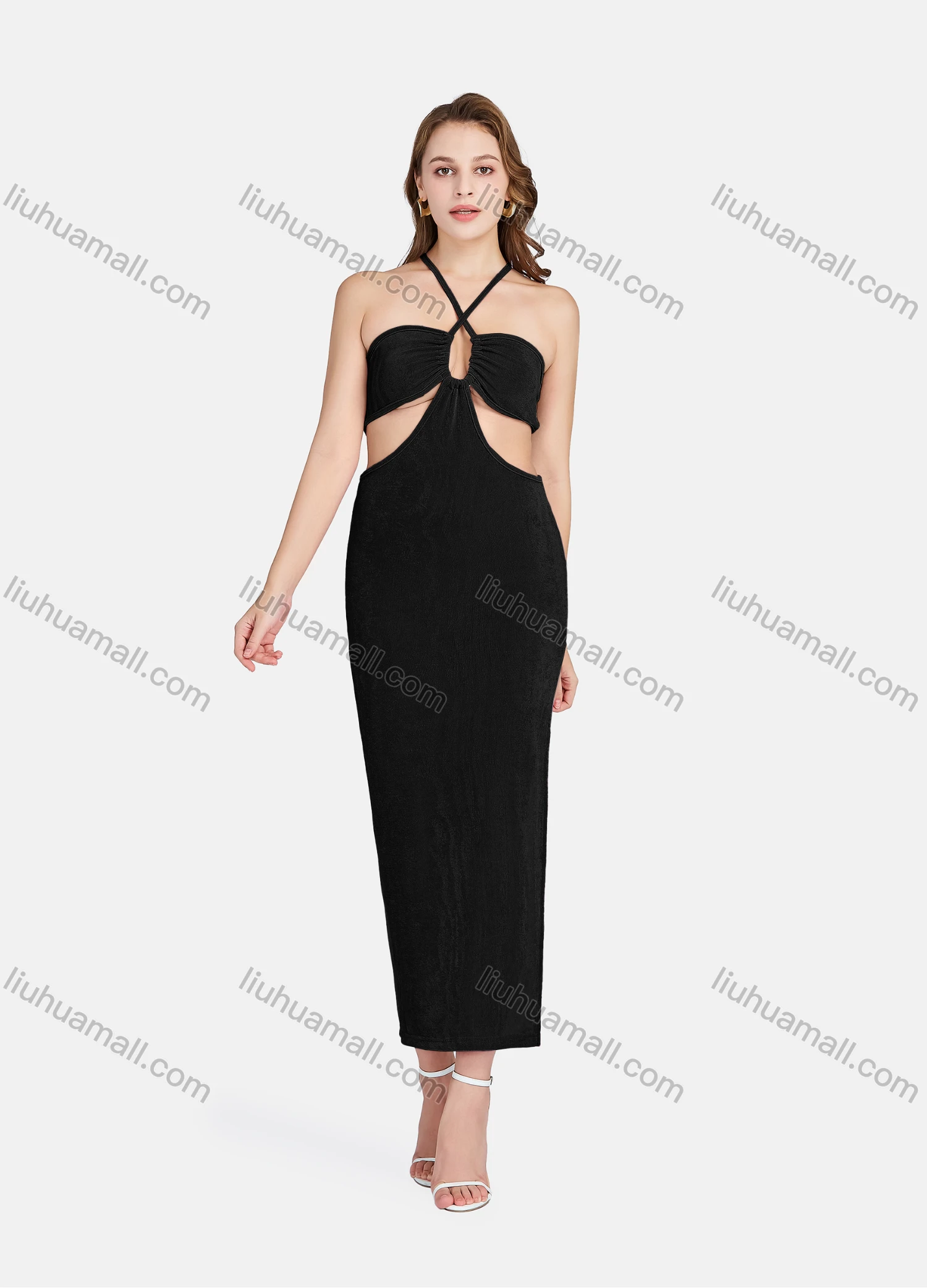 Wholesale Women's Sexy Halter Neck Sleeveless Cut Out Backless Split Side Club Dress 701# - Liuhuamall