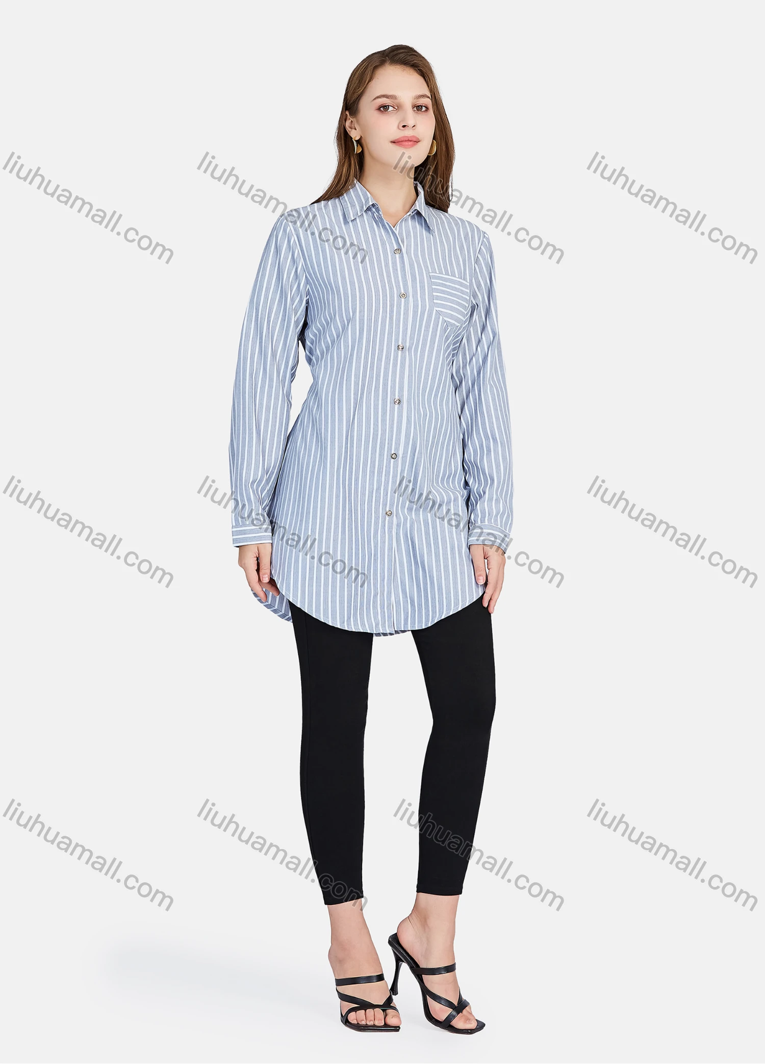 Wholesale Women's Casual Button Down Long Sleeve Striped Tunic Shirt - Liuhuamall