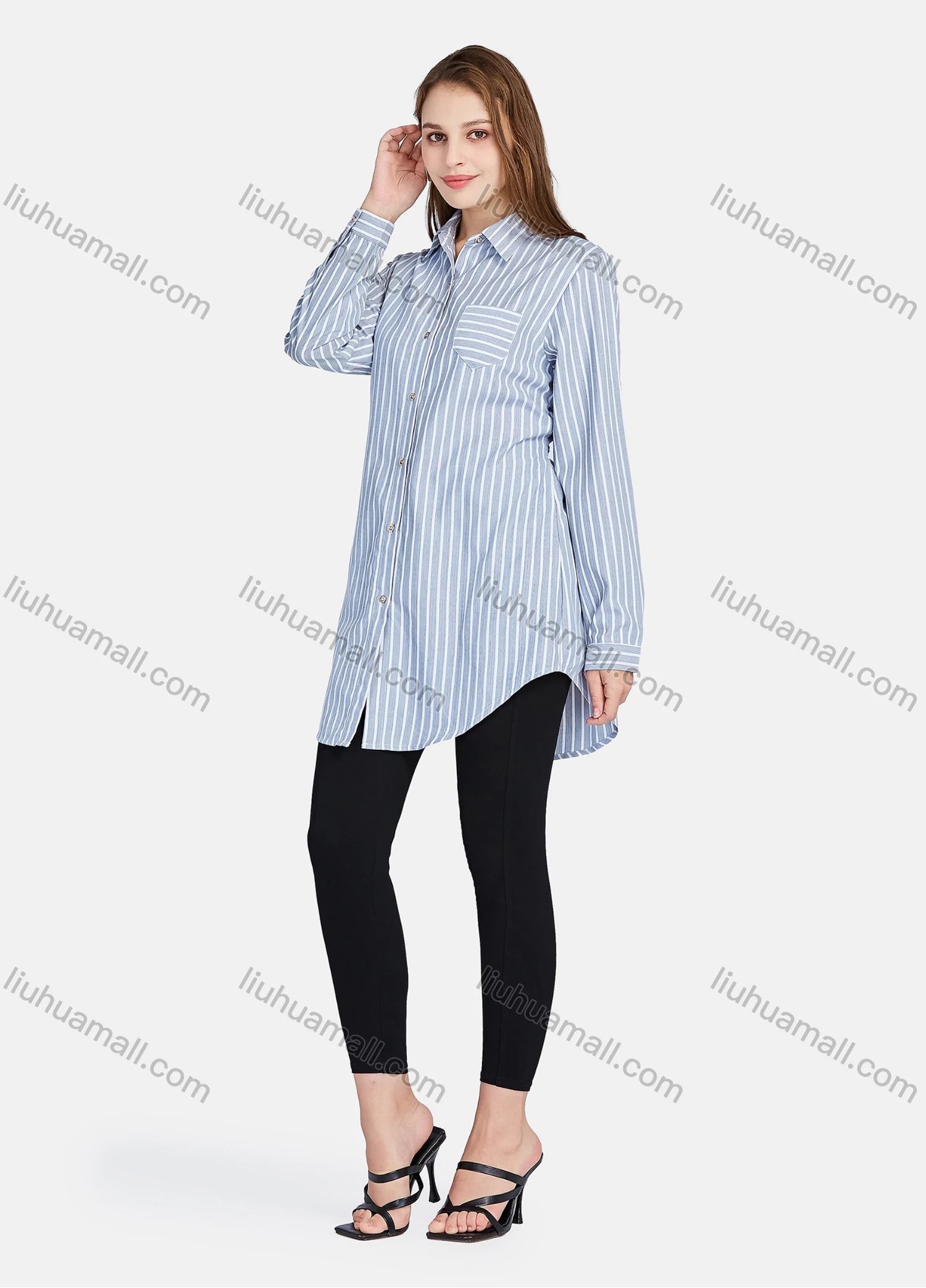 Wholesale Women's Casual Button Down Long Sleeve Striped Tunic Shirt - Liuhuamall