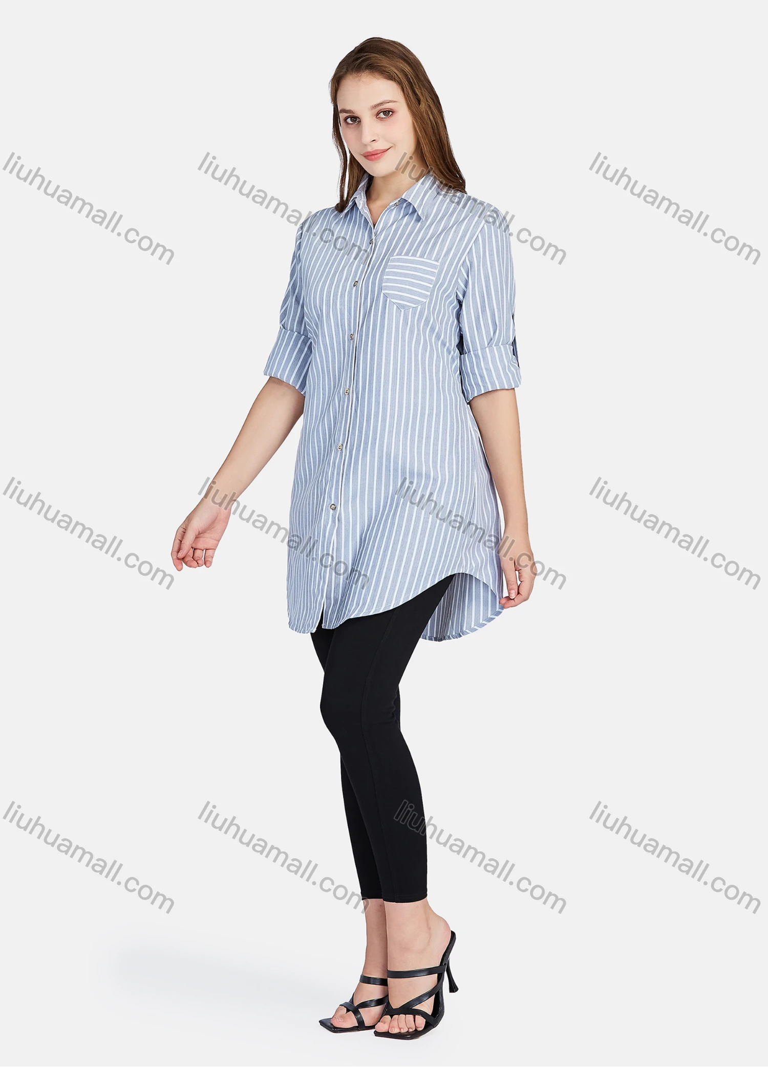 Wholesale Women's Casual Button Down Long Sleeve Striped Tunic Shirt - Liuhuamall