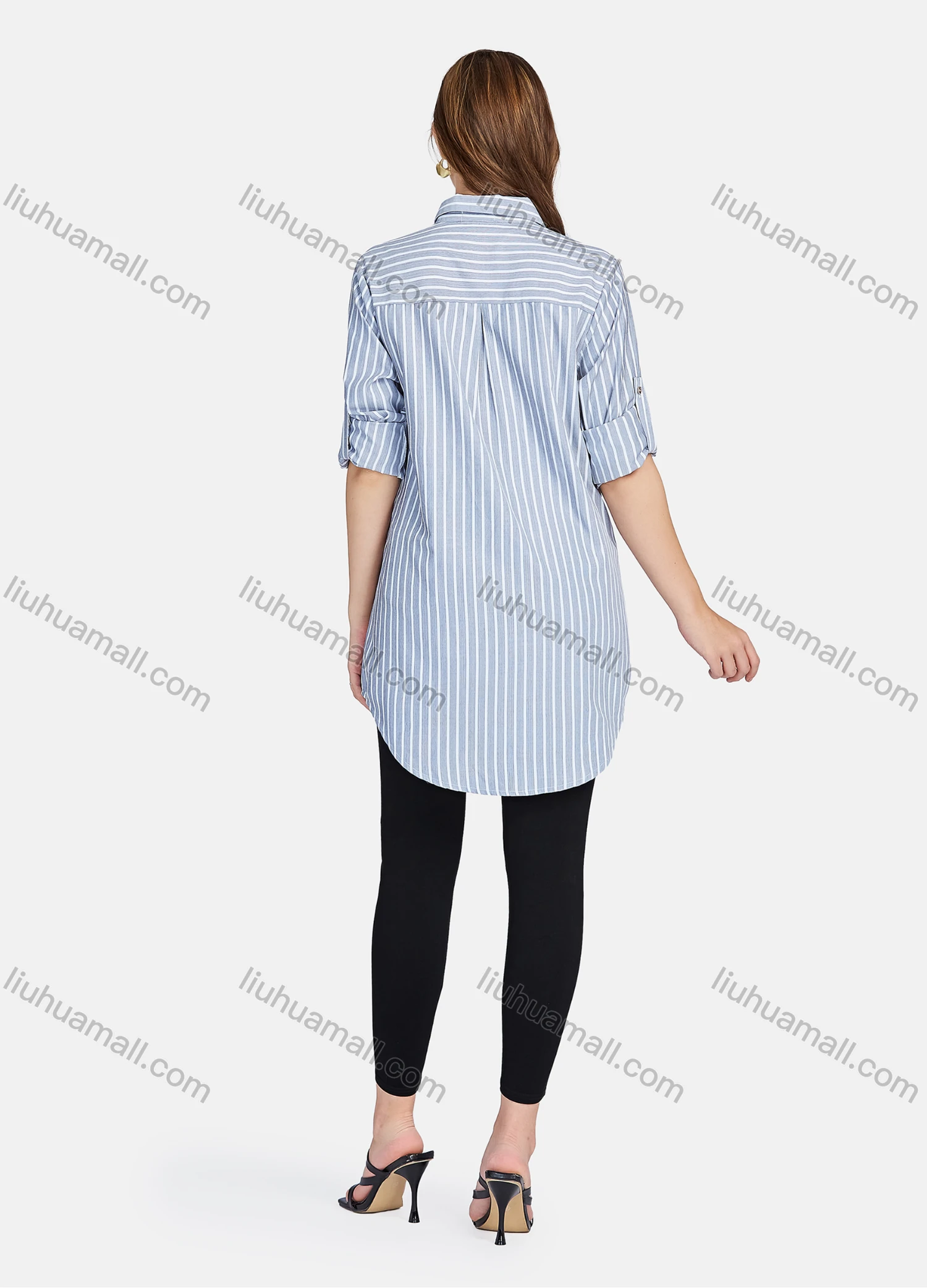 Wholesale Women's Casual Button Down Long Sleeve Striped Tunic Shirt - Liuhuamall