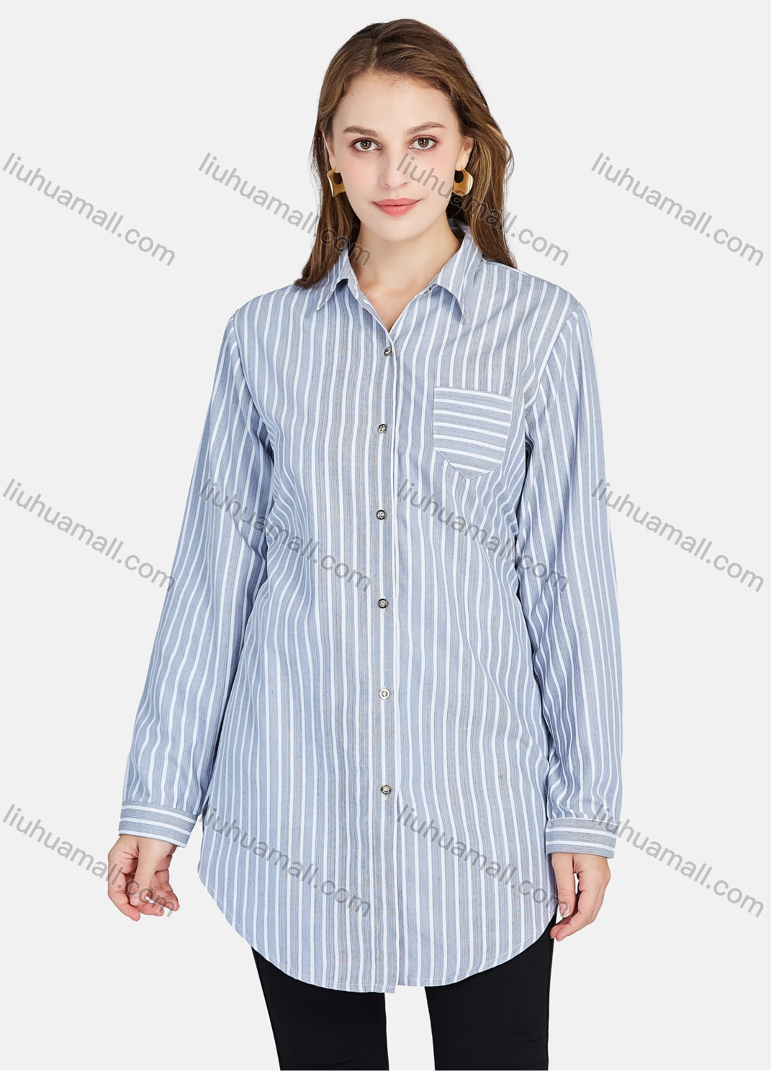 Wholesale Women's Casual Button Down Long Sleeve Striped Tunic Shirt - Liuhuamall