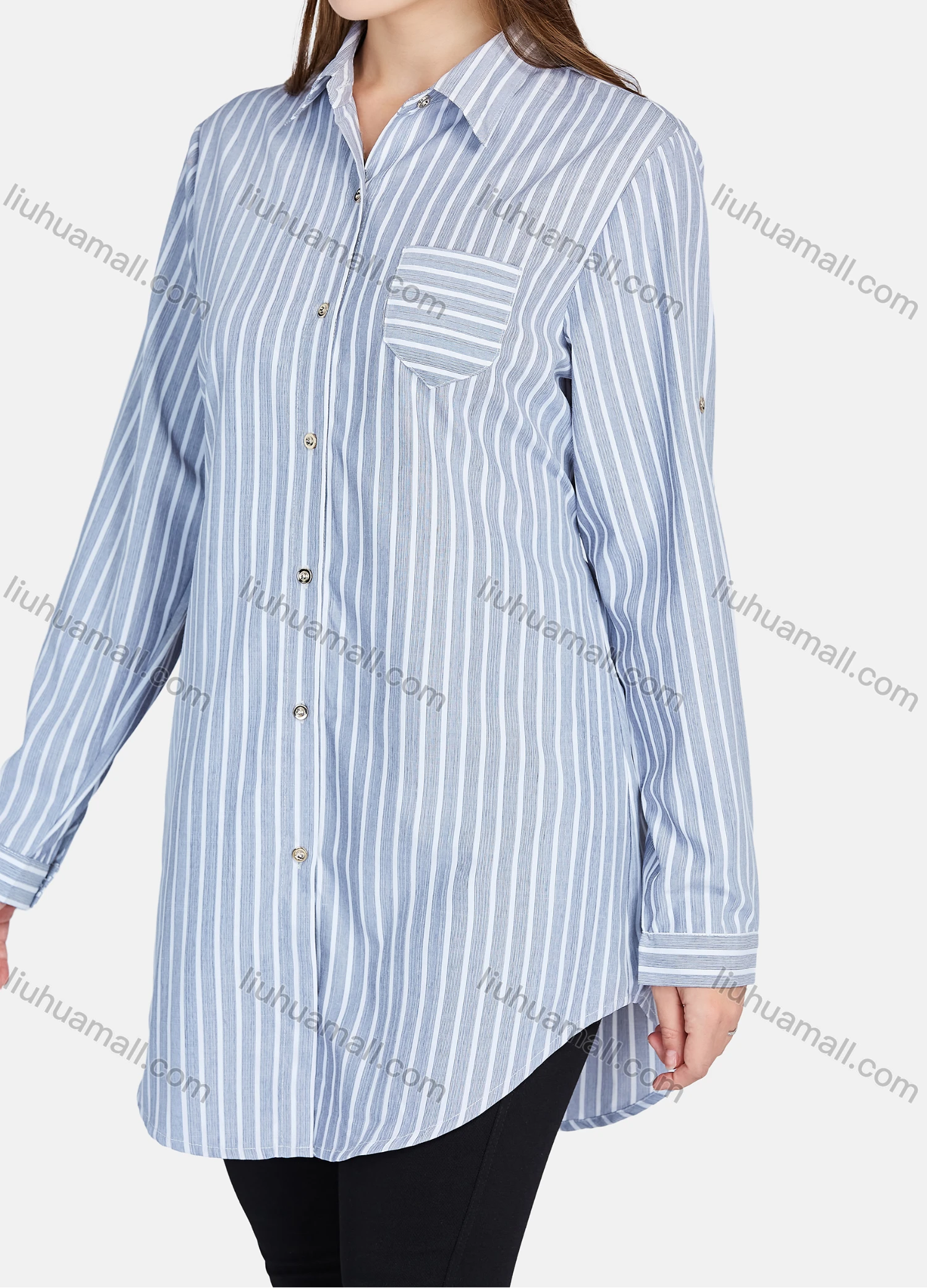 Wholesale Women's Casual Button Down Long Sleeve Striped Tunic Shirt - Liuhuamall