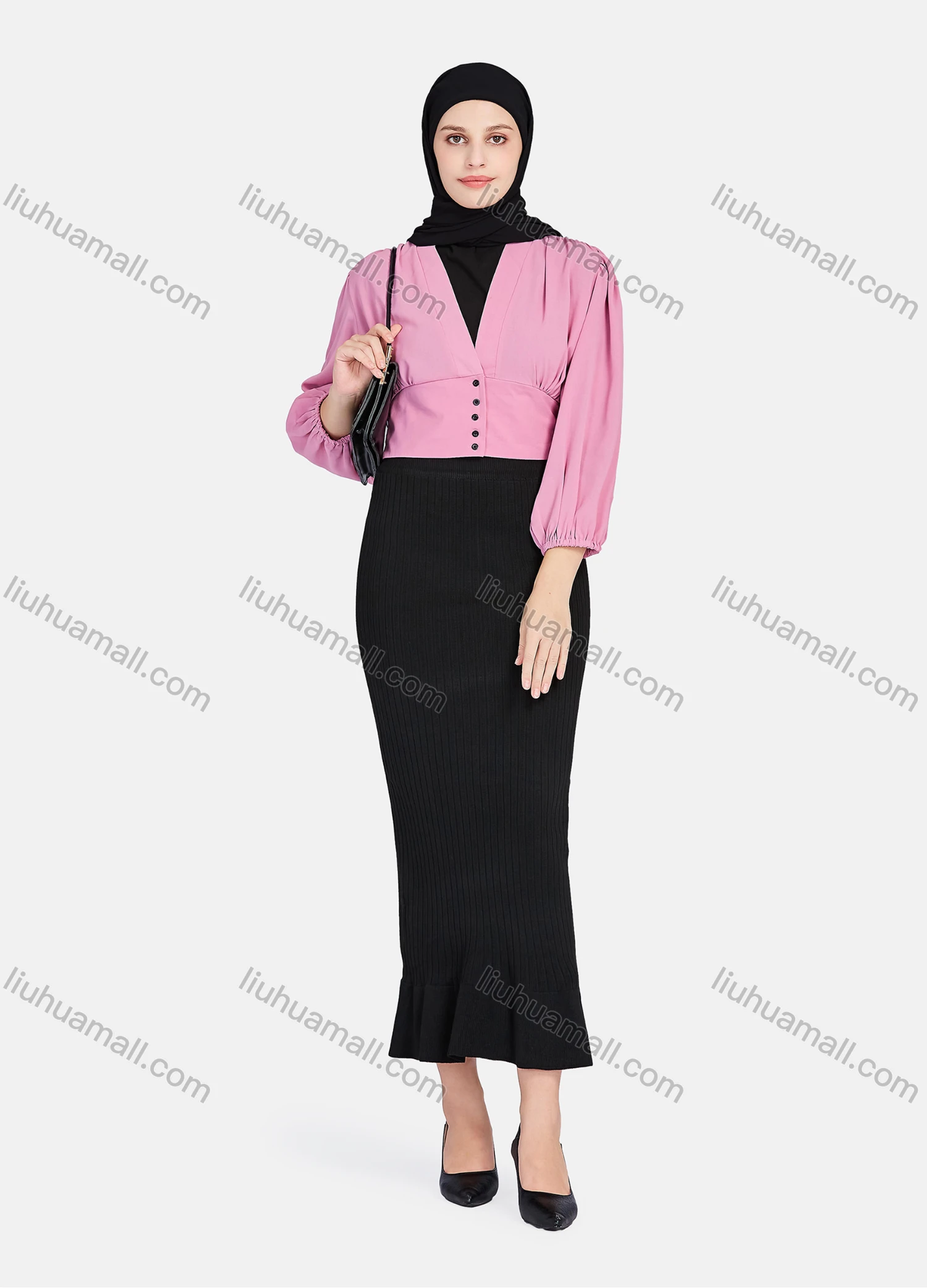 Wholesale Women's Casual Plain V Neck Shirred Button Decor Long Sleeve Blouse 1396-Dusty Pink# - Liuhuamall