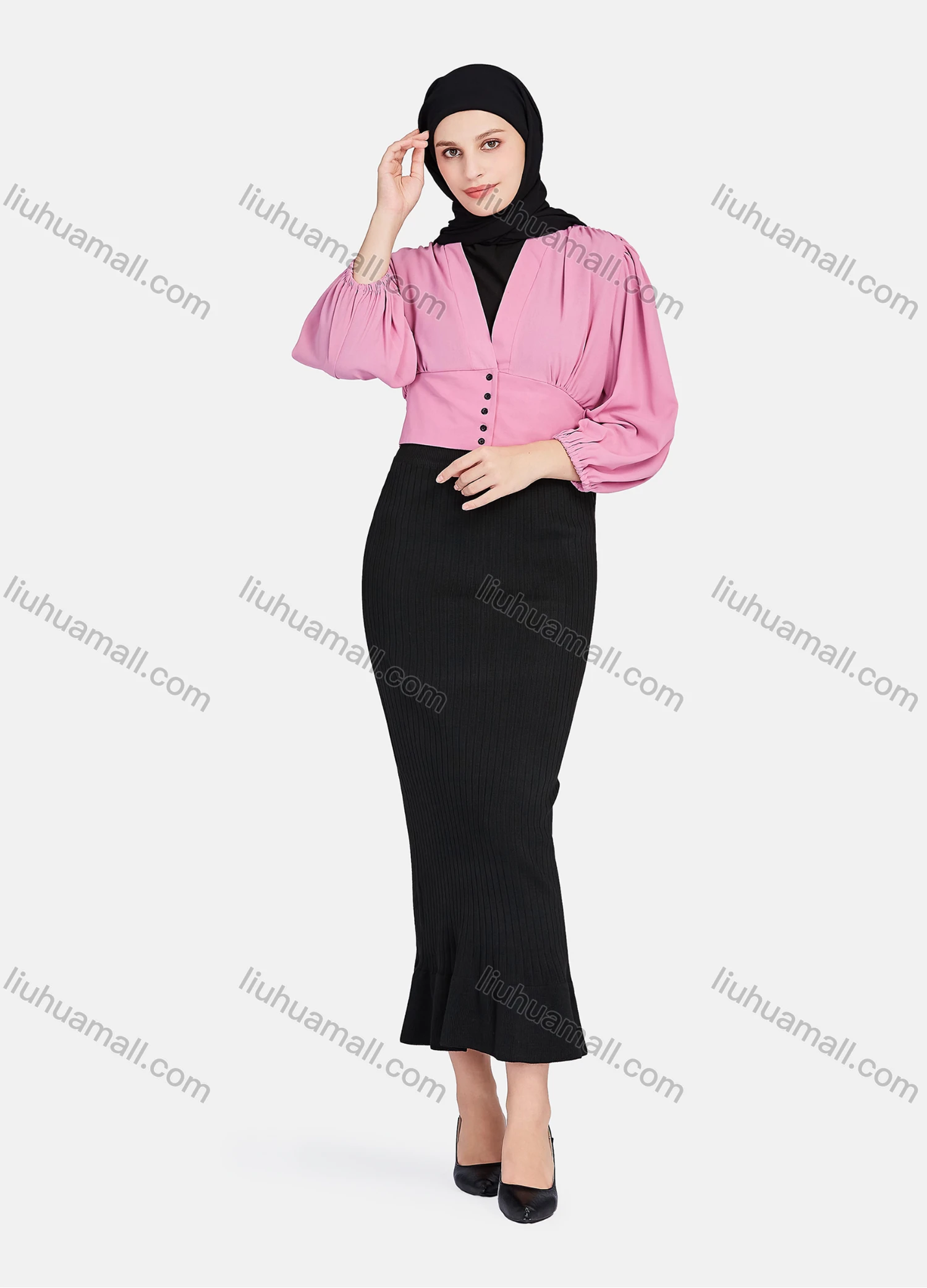 Wholesale Women's Casual Plain V Neck Shirred Button Decor Long Sleeve Blouse 1396-Dusty Pink# - Liuhuamall