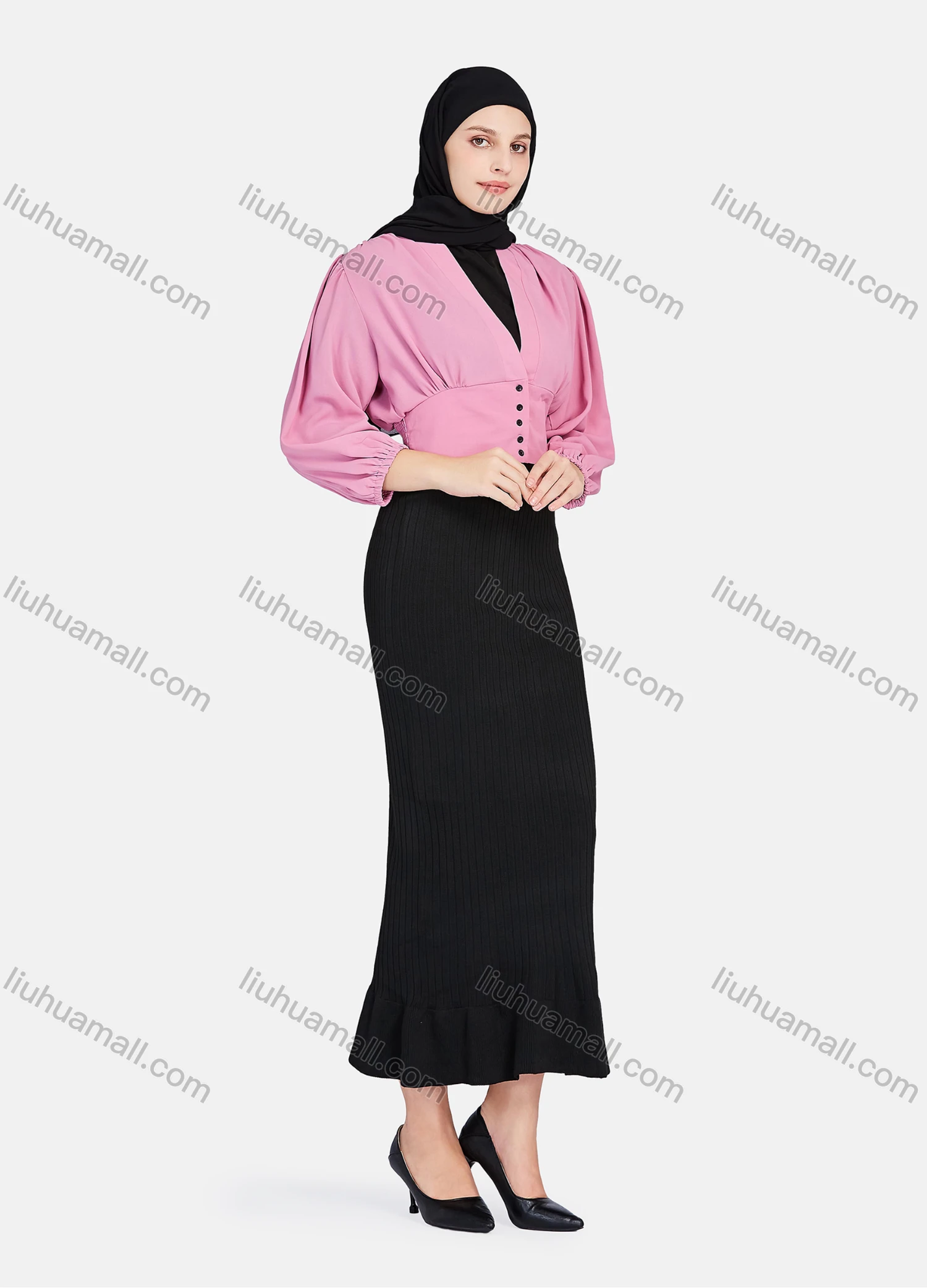 Wholesale Women's Casual Plain V Neck Shirred Button Decor Long Sleeve Blouse 1396-Dusty Pink# - Liuhuamall