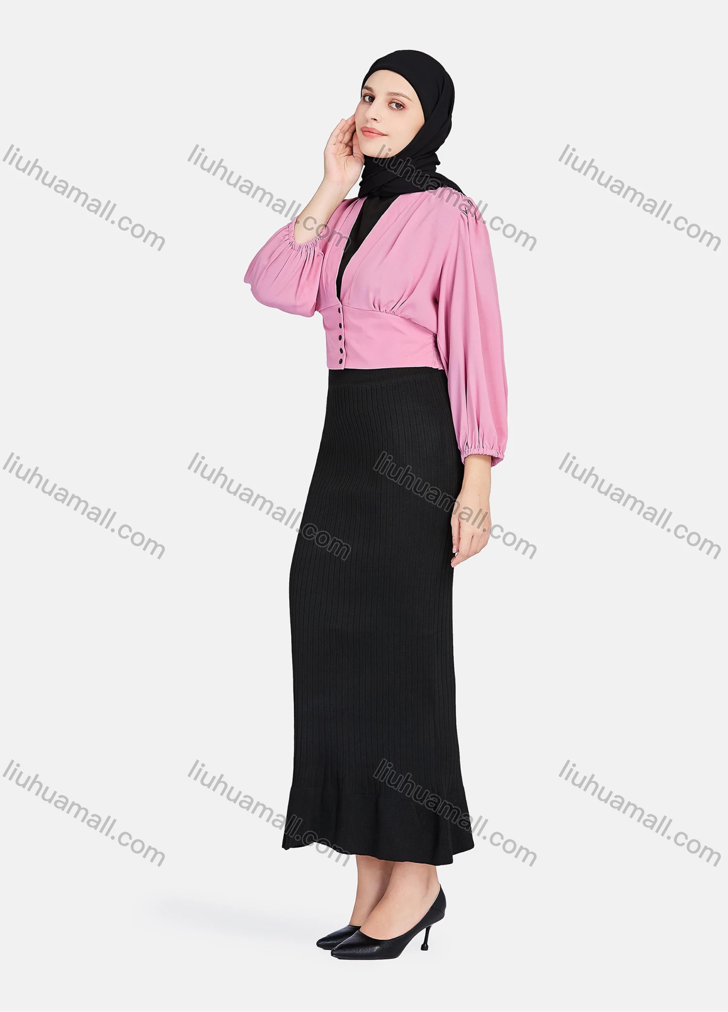 Wholesale Women's Casual Plain V Neck Shirred Button Decor Long Sleeve Blouse 1396-Dusty Pink# - Liuhuamall