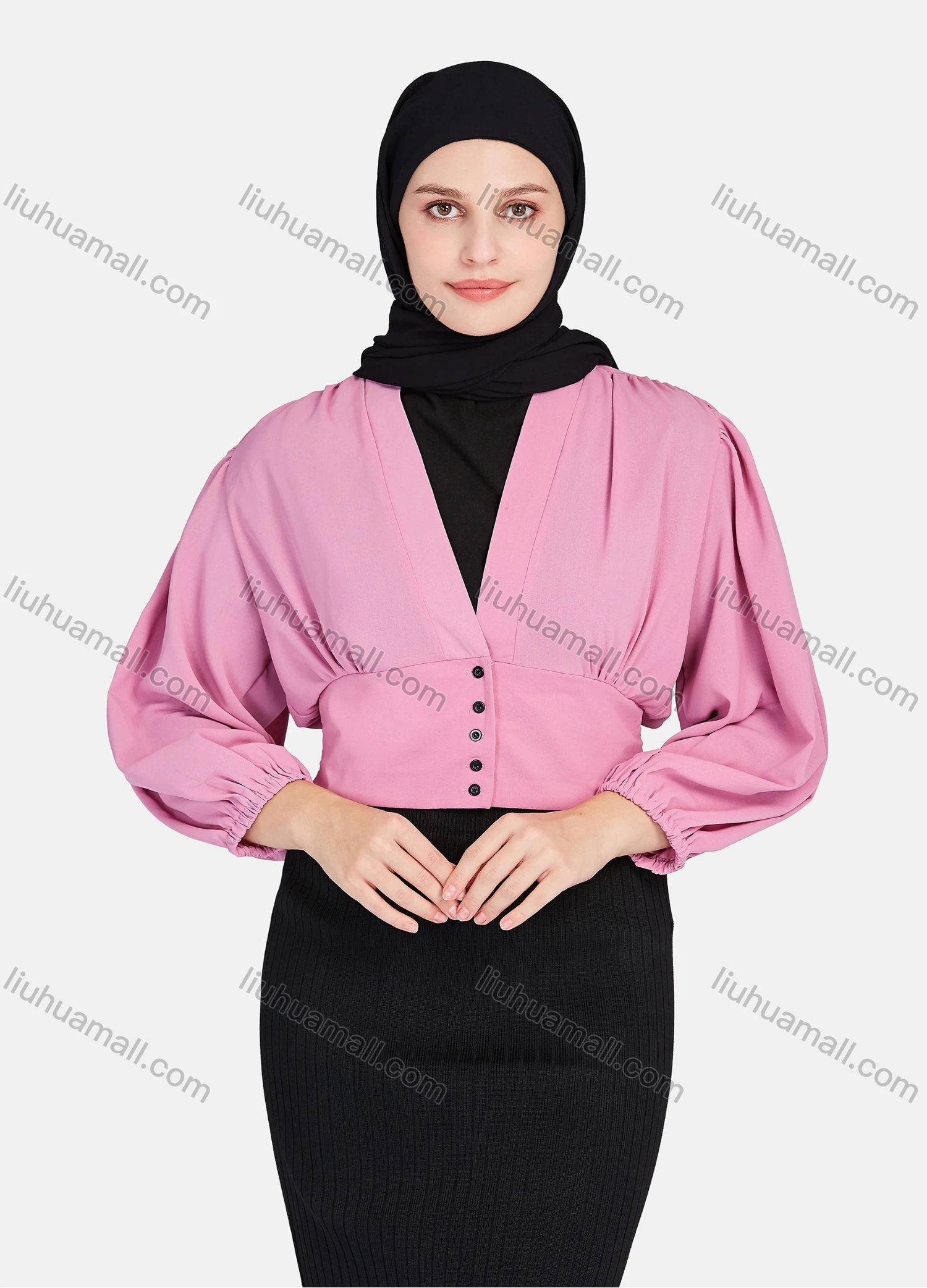 Wholesale Women's Casual Plain V Neck Shirred Button Decor Long Sleeve Blouse 1396-Dusty Pink# - Liuhuamall