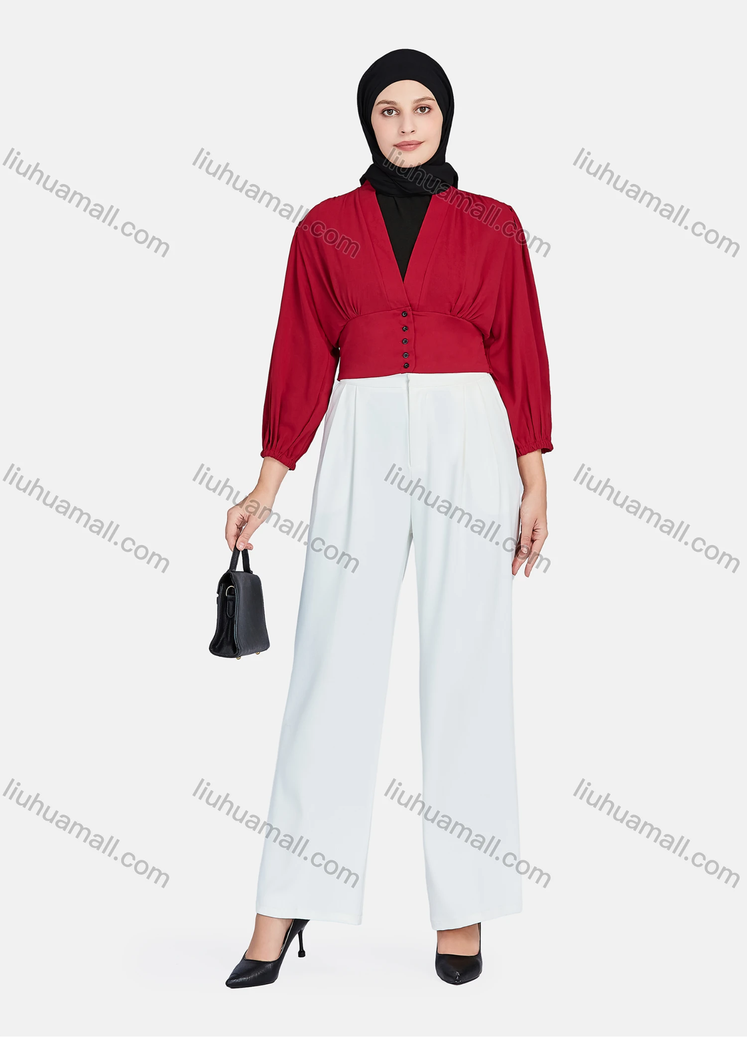Wholesale Women's Casual Plain V Neck Shirred Button Decor Long Sleeve Blouse 1396-Maroon# - Liuhuamall
