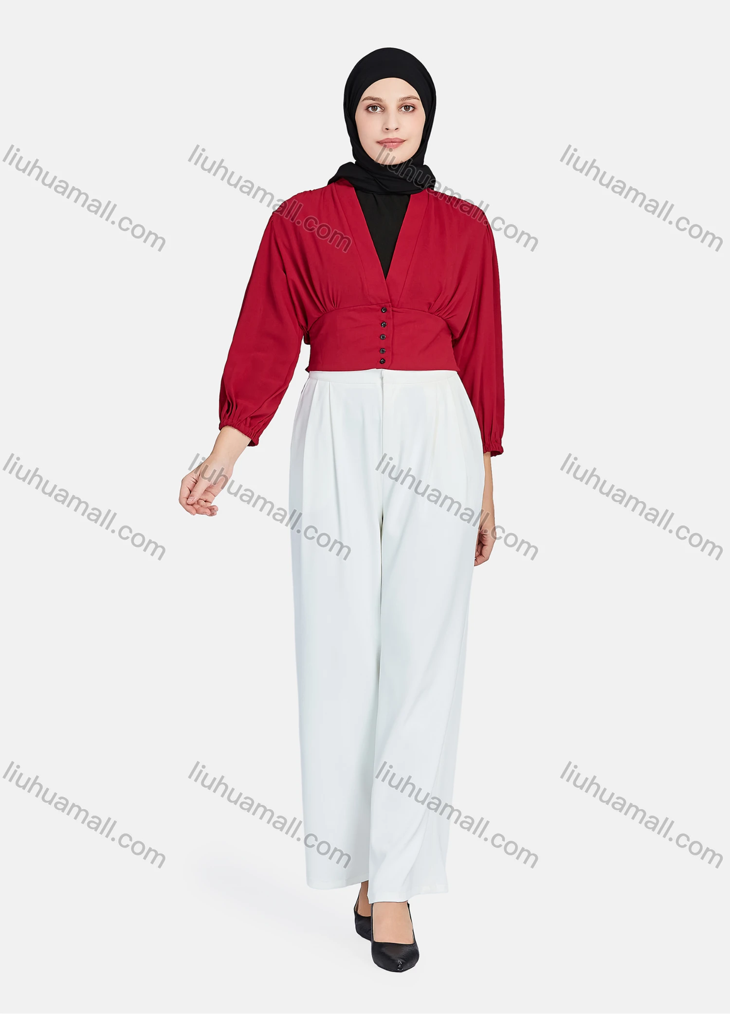 Wholesale Women's Casual Plain V Neck Shirred Button Decor Long Sleeve Blouse 1396-Maroon# - Liuhuamall