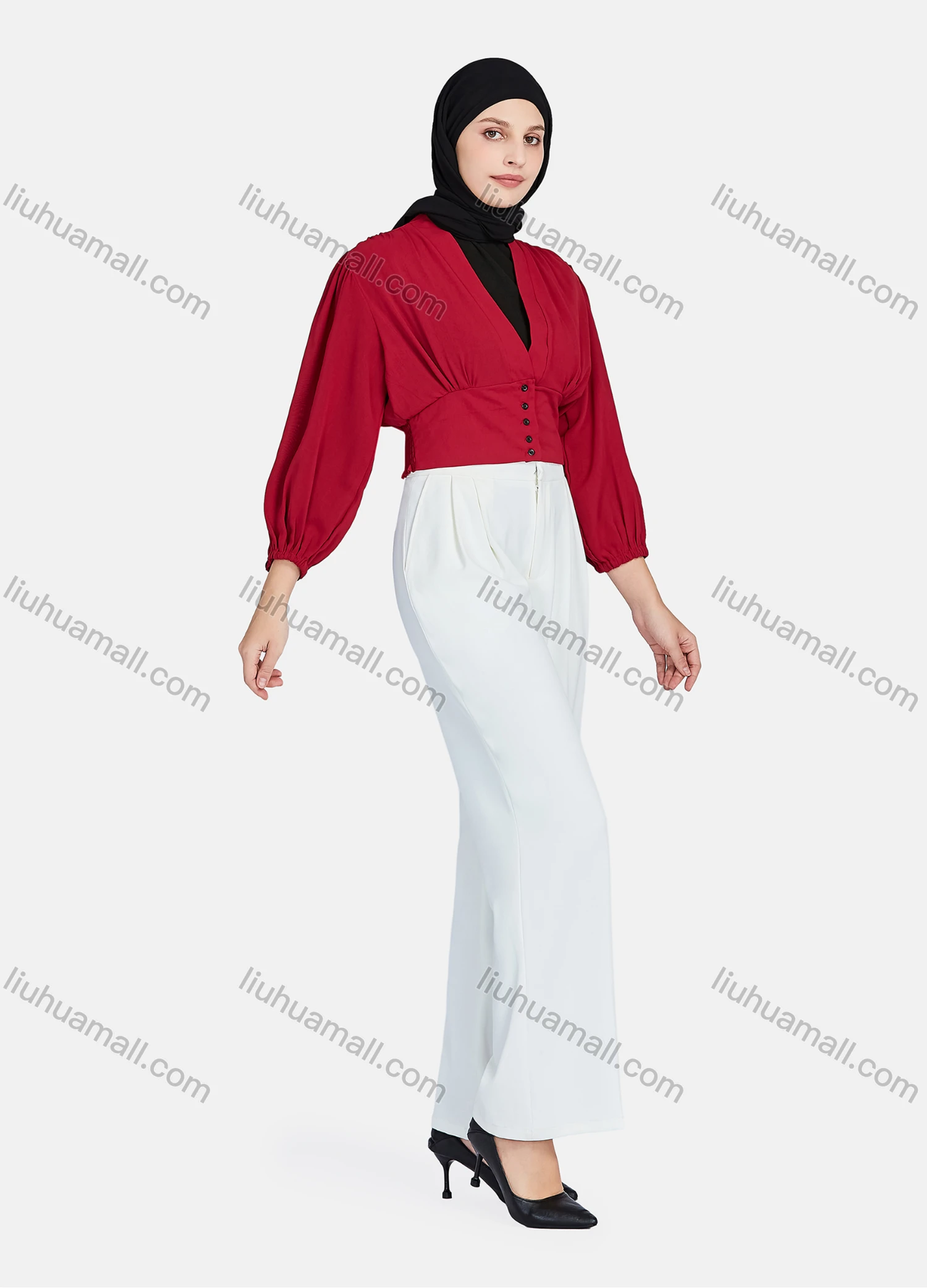Wholesale Women's Casual Plain V Neck Shirred Button Decor Long Sleeve Blouse 1396-Maroon# - Liuhuamall