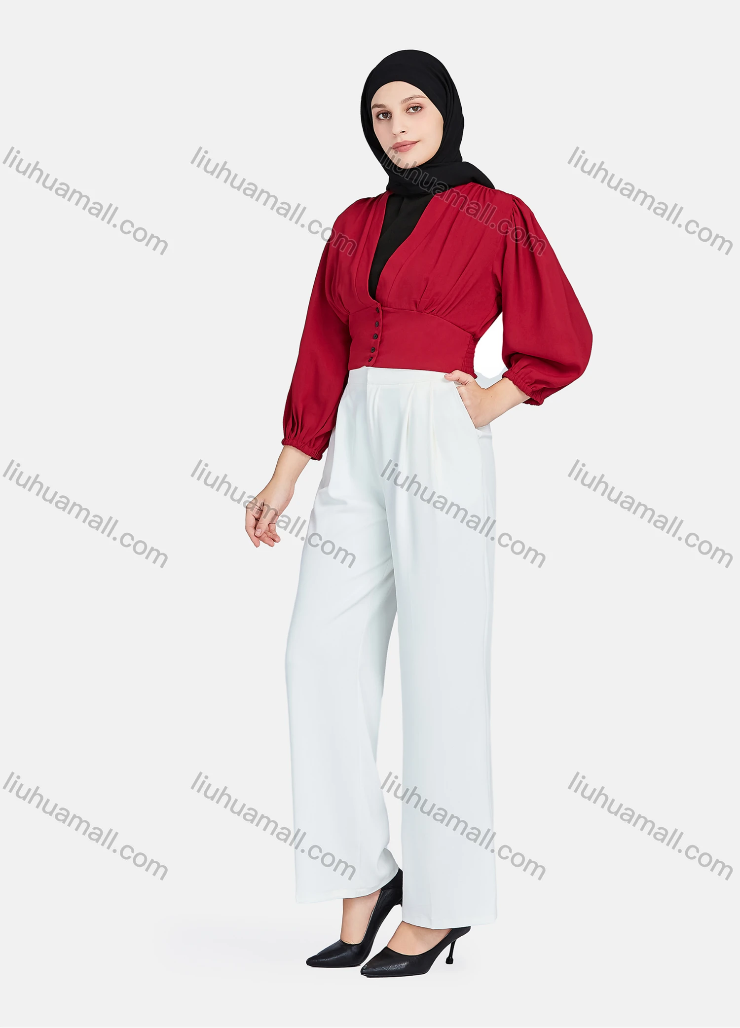 Wholesale Women's Casual Plain V Neck Shirred Button Decor Long Sleeve Blouse 1396-Maroon# - Liuhuamall