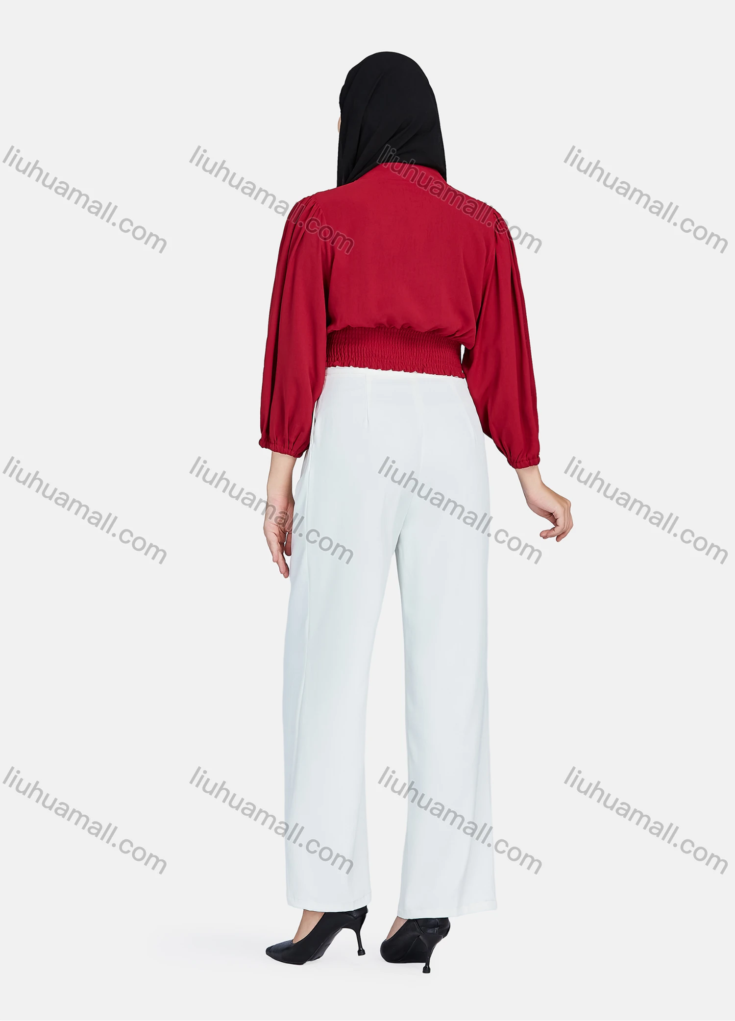 Wholesale Women's Casual Plain V Neck Shirred Button Decor Long Sleeve Blouse 1396-Maroon# - Liuhuamall